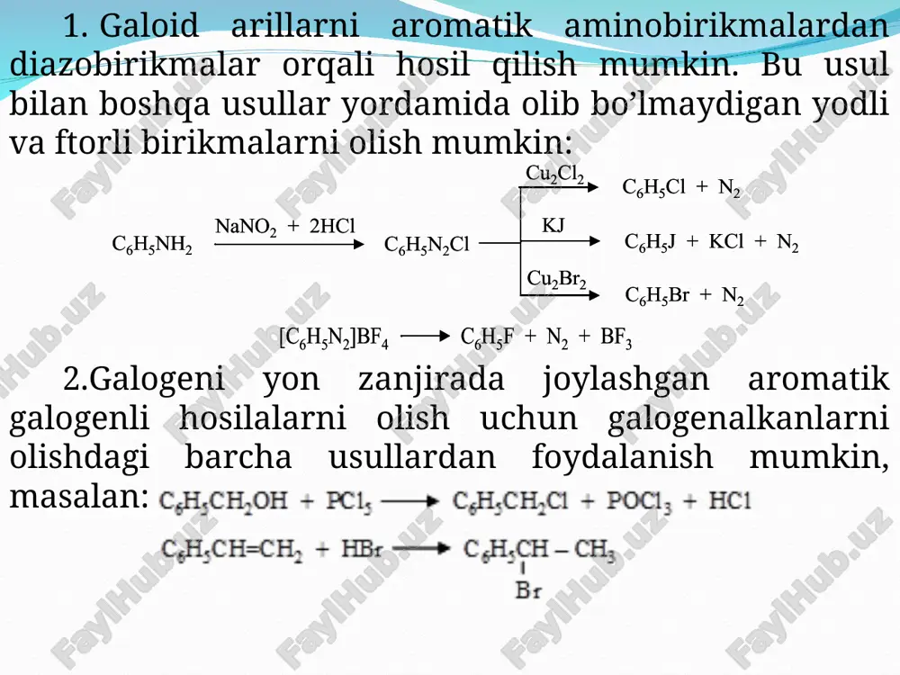 shrok katalizatori nomini olgan maxsus murakkab organik birikma katalizatorligida aromatik halqa tutgan to’yinmagan uglevodarodlar va olefinlar o’rtasida sodir bo’ladi. grabbsning metatezis reaksiyasi oxirgi yillarda organik sintezda kashf qilingan reaksiyalardan biri bu grabbsning metatezis reaksiyasidir. reaksiya grabbsning karben kompleks katalizatori ishtirokida sodir bo’ladi: grabbsning karben kompleks katalizatori reaksiya tenglamasi: alohida vakillari va ularning qo’llanishi. xlorbenzol sanoat miqyosida juda katta miqdorda ishlab chiqariladi. u anilin, fenol olishda xom ashyo hisoblanadi. undan erituvchi sifatida ham foydalaniladi. 2-dixlorbenzol asosan kuya, qishloq xo’jalik zararkunandalariga qarshi kurash vositalari sifatida ishlatiladi. benzil xlorid benzil spirtni olish uchun asosan xom ashyo hisoblanadi. benzil spirti esa parfyumeriya sanoatining eng muhim xom ashyosi bo’lib xizmat qiladi. c 6 h 5 nh 2 nano 2 + 2hcl c 6 h 5 n 2 cl c 6 h 5 cl + n 2 c 6 h 5 j + kcl+ n 2 c 6 h 5 br + n 2 cu 2 …