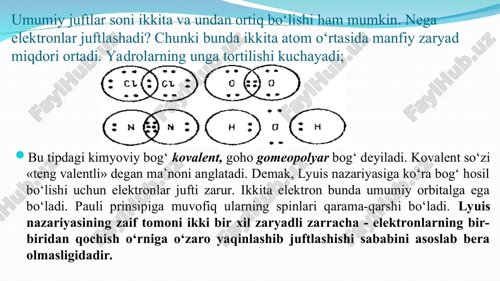 i. molekula nomi molekula tuzilishi bog‘ uzunligi, nm etan h3c – ch3 0,154 etilen h2c = ch2 0,135 asetilen hc ≡ ch 0,121 kimyoviy bog‘ uzunligi bir elementning turli element bilan hosil qilgan birikmalarida atomlar radusi ortib borish tartibida o‘zgaradi. quyidagi jadvalda vodorod galogenidlar misolida ifodalangan: bog‘ uzunligini bilish organik sintezda juda muhim bo‘lib. uni rentgen nurlari va elektronlar difraksiyasi yordamida aniqlanadi. kimyoviy bog‘lanish uzunligi va bog‘lanish energiyasi o‘rtasida quyidagicha qonuniyat mavjud, ya’ni bog‘ uzunligi ortgan sari bog‘ energiyasi kamayib boradi va aksincha bog‘lanish turi bog‘ uzunligi, nm bog‘lanish turi bog‘ uzunligi, nm h-f 0,092 h-cl 0.128 h-br 0,142 h-i 0,162 quyidagi jadvalda moddalardagi kimyoviy bog‘ uzunligi va bog‘ energiyasi o‘rtasidagi bog‘lanish berilgan. modda bog‘ uzunligi, nm bog‘ energiyasi, kj/mol modda bog‘ uzunligi, nm bog‘ energiyasi, kj/mol n2 0,109 941 nacl 0,236 408 co 0,113 949 co2 0,131 347 hf 0,092 559 br2 0.228 190 h2 0,074 443 h2s 0,392 …
