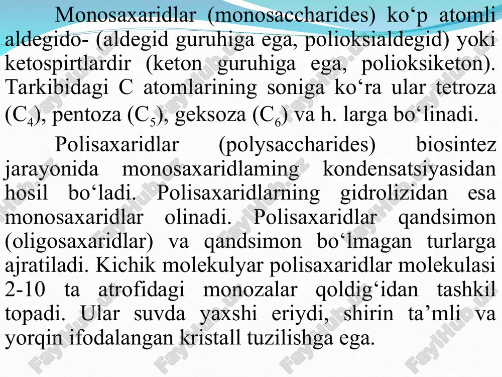 monda (sis-) joylashganda α-shakl, unga nisbatan qarama-qarshi tomonda (trans-) joylashganida esa β-shakl yuzaga keladi. α- va β-shakllar antipodlar emas, balki diastereomerlardir. birinchi s atomi atrofidagi konfiguratsiya bilan bir-biridan farqlanuvchi diastereomer aldozalar anomerlar deyiladi (diastereomerlarning xususiy holati). anomerlaming fizikaviy va kimyoviy xossalari turlicha bo‘ladi. masalan, α-glyukoza (suyuq.t. 146°c) β -d-glyukozaga (suyuq.t. 149°c) nisbatan suvda qiyin eriydi. monozalarning aldegid guruhi c4-gidroksil guruhi bilan ta’sirlashganida c1 va c4 atomlari o ko‘prigi vositasida o‘zaro bog‘lanadi va 5 a’zoli halqa hosil qiladi. monozalarning halqali shakllarida bitta asimmetrik s atomi ortiqcha, shu sababli ulardagi optik izomerlar soni 2 marta ortiq (α- va β-shakllar hisobiga) bo‘ladi. bu esa haqiqatda mavjud bo‘lgan izomerlar soniga to‘g‘ri kelmaydi. monosaxaridlaming yarimatsetal shakllarini qulay yozish va nomlash uchun xeuors ularni gidrogenlangan piran va furan hosilalari deb qarashni taklif qildi: unga ko‘ra 5 a’zoli halqaga ega monosaxaridlar furanozalar, 6 a’zolilari esa piranozalar deyiladi. halqani nomlashdan oldin uglevod qism ko‘rsatiladi. masalan, glyukofuranoza, glyukopiranoza: kristall …