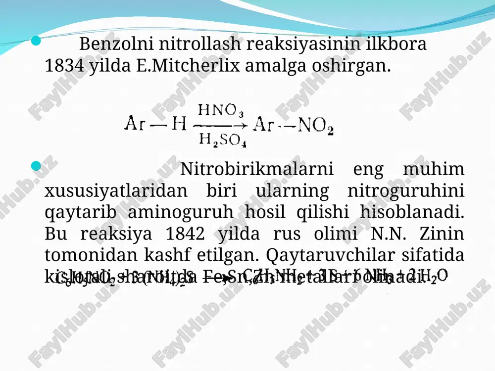 ishda ishlatiladi. trinitrotoluol (trotil). toluolni nitrolab olinadi. 80,60c da suyuqlanadigan sariq rangli kristall, portlovchi modda. c 6 h 5 ch 3 + hono 2 c 6 h 5 ch 2 no 2 + h 2 o c 6 h 5 ch 3 + hono 2 c 6 h 5 ch 2 no 2 + h 2 o rh + no 2 . r . + hno 2 ; r . + no 2 . rno 2 rh + no 2 . r . + hno 2 ; r . + no 2 . rno 2 c 6 h 5 ch 2 cl + agno 2 c 6 h 5 ch 2 no 2 + agcl c 6 h 5 ch 2 cl + agno 2 c 6 h 5 ch 2 no 2 + agcl c 6 h 5 ch 2 no 2 [h] c 6 h 5 ch 2 …