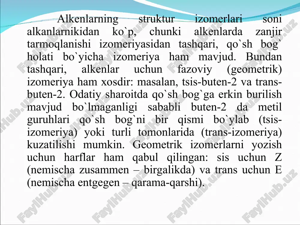 tushuntiriladi. alkenlarni yuqori refraktsiyasini, bir bog`ini energiyasini pasayishini, oson qutblanishini o`ziga xos bog` - π-bog` bo`lishi bilan tushuntirish mumkin. π -orbital elektronlari yadrodan uzoqda joylashadi, shuning uchun ular harakatchan, π -orbitallar energiyasi σ-orbitallar energiyasidan past bo`ladi. π - orbitaldan elektronni uzish σ -orbitaldan elektronni uzishga qaraganda kamroq energiya talab qiladi. elektronni uzish energiyasi ionlanish energiyasi (ie) bilan xarakterlanadi. ayrim alkenlarning ionlanish energiyasi alken ………………….. etilen propilen 2-metilpropen 2,3-dimetilbuten-2 ie, ev …………………. 10,5 9,7 9,2 8,3 ionlanish energiyasi quyidagi jarayon bilan xarakterlanadi: alkenlarni ie si mos uglerod atomli alkanlarnikidan 1 -1,5 ev ga past bo`ladi, demak, ularda elektronodonor xossalar kuchli ifodalangan. metil guruhlarni kiritish ie ni pasayi shiga moyillik qiladi. π-elektron sistemaning harakatchanligini yutilishni elektron spektrlarida ham ko`rish mumkin. yutilish maksimumi alkanlarga nisbatan uzunroq to`lqinlarda (180 -200 nm) bo`ladi. elektromagnit nurlanishni yutilishi bunda π -elektronlarni hayajonlanishi bilan bog`liq. bog`lovchi π -orbitaldagi elektron ajratuvchi π-orbitalga o`tadi. bunday elektron o`tish π→π* bilan ifodalanadi. …