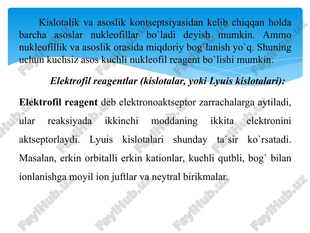 arenlar va ularning hosilalari: uchta qo`sh bog`li olti a`zoli sikllardan iborat siklik uglevodorodlar va ularning hosilalari: 3. geterotsiklik birikmalar va ularning hosilalari: sikllari uglerod atomlaridan tashqari geteroatomlar (n, s, o) tutgan siklik birikmalar: klassifikatsiyaning ikkinchi asosiy printsipi – funktsional guruhlar bo`yicha ajratish. molekula tarkibidagi funktsional guruhga ko`ra organik birikmalar sinflarini ajratish mumkin: har qaysi qator organik birikmalari o’z tuzilishi va tarkibiga qarab sinflarga bo’linadilar. alifatik va aromatik qator birikmalarining eng oddiy vakillari uglevodorodlar hisoblanadi. uglevodorodlardagi vodorodlarni atomlar va atomlar guruhi (funksional guruhlar) ga almashinishi natijasida shu qator birikmalarining ma’lum sinflari hosil bo’ladi. ma’lum bir o’rinbosarli yoki funksional guruh uglevodorodlar va ularning hosilalari gomologik qator hosil qiladi. gomologik qator deb tuzilishi va xossalari o’xshash, keyingi hadi oldingi hadidan –ch2- guruhga farq qiladigan birikmalar qatoriga aytiladi. organik birikmalarning muhim sinflariga quyidagilar kiradi: uglevodorodlar uglevodorodlarning galogenli hosilalari spirtlar oddiy va murakkab efirlar karbonilli birikmalar karbon kislotalar aminobirikmalar nitrobirikmalar sulfokislotalar metallorganik birikmalar aralash funksiyali …