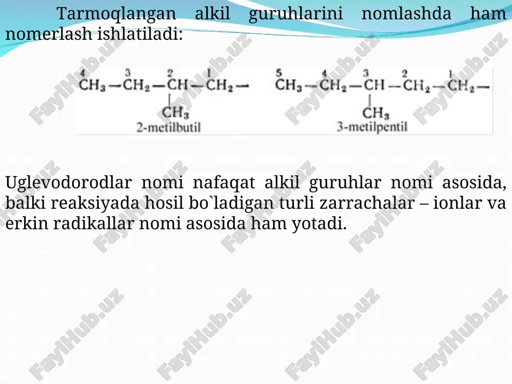 3r` - br +6na → r –r + r – r`+r` - r` +6 na+br- c) karbon kislotalar tuzlarini elektrolizi: karbon kislotalar tuzlarini suvli eritmalarini elektroliz qilganda anodda co2 ajraladi va alkanlar hosil bo`ladi. reaksiyani a. kolbe 1849 yilda kashf qilgan. bu reaksiyada (kolbe elektrosintezi) karbon kislota anioni erkin radikal hosil qilib, anodda elektronini beradi (oksidlanadi), u esa co2 va erkin alkil radikaligacha parchalanadi: alkil radikallar anod sirtiga bog`langan bo`lib, shu yerda dimerlanadilar: 2r* → r –r g) karbon kislotalarni dekarboksillash. karbon kislotalar tuzlarini ishqorlar ishtirokida 250-300oc gacha qizdirganda ular parchalanadi va alkanlar ajraladi: r – coo-na + naoh r – h +na2co3 bu reaksiyada co2 ham hosil bo`ladi, ammo uni ishqor ushlab qoladi. molekuladan co2 ni ajralishi dekarboksillash deyiladi. reaksiya asosan past alkanlar – metan, etan olish uchun ishlatiladi. d) gidrogenlash va organik birikmalarni qaytarish reaksiyalari. alkanlar alken va alkinlarni katalitik gidrogenlashda olinadi, masalan: galogenuglevodorodlar, aldegid va ketonlarni qaytarishda …