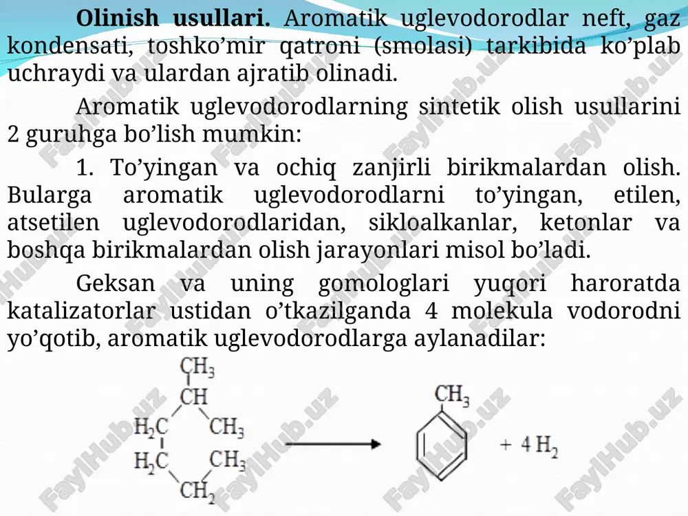 2h 2 o benzolning gomologlari oson oksidlanadilar. masalan, toluol kaliy permanganatning suvdagi eritmasi bilan qo’shib qizdirilganda benzoy kislota hosil qiladi: ch 3 + 2 kmno 4 cook + 2 mno 2 + koh + h 2 o ch 3 + 2 kmno 4 cook + 2 mno 2 + koh + h 2 o agar benzol halqasida normal tuzili shga ega bo’lgan uzun radikal bo’lsa, bunday moddani oksidlash natijasida oxirgi mahsulot sifatida faqat benzoy kislota hosil bo’ladi: ch 2 ch 2 r cooh + rcooh + h 2 o 5[o] ch 2 ch 2 r cooh + rcooh + h 2 o 5[o] benzol halqasida bir necha radikal bo’lsa, bunday moddalarni oksidlash natijasida tegishli ko’p asosli kislotalar hosil bo’ladi: ch 3 [o] ch 3 cooh ch 3 -h 2 o [o] -h 2 o cooh cooh ch 3 [o] ch 3 cooh ch 3 -h 2 o [o] -h 2 …