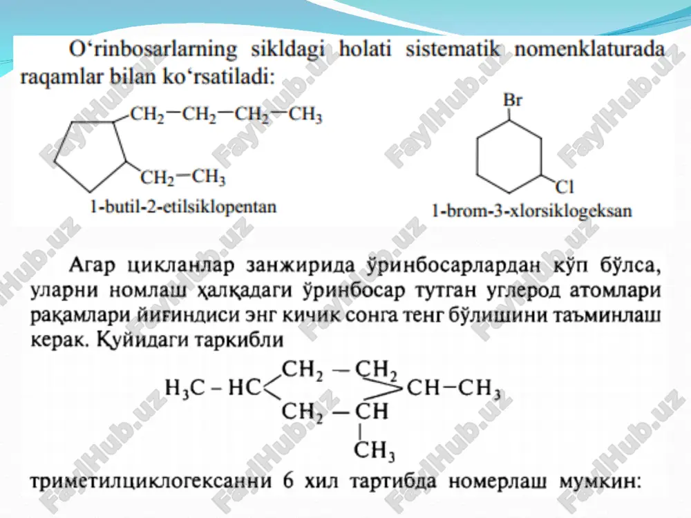 osilalarini gidrogenlab olish. sintetik usulda siklogeksan benzol va uning hosilalari, shuningdek, siklogeksanonlarni qaytarib olinadi: v) a. berch usulida olish. benzolni suyuq ammiakda spirt ishtirokida natriy bilan qaytarish usuli bilan (a. berch, 1944) to`yinmagan sikloalkadiyenlar olinadi: g) diyenli sintez. ikki molekula diyenlarni o`zaro birikishidan to`yinmagan sikloalkenlar hosil bo`ladi: d) triyenlardan olinishi. geksatriyen – 1,3,5 qizdirilganda yoki yorug`likda siklogeksadiyen – 1,3 hosilalari olinadi: bimolekulyar parchalanish (e2) reaksiya sharti ajralayotgan guruhlar koplanarligi va trans - oriyentasiyasi. shunday qilib, e2 da 1,2-diaksial o`rinbosarlar qatnashishi mumkin. a,e holatdagi o`rinbosarlar reaksiyada qatnashmaydi. agar bitta o`rinb osar ekvatorial holatda bo`lsa va uning aksial holatga o`tishi, ya`ni konfiguratsiya inversiyasi qiyin bo`lsa, reaksiya tezligi pasayib ketadi: