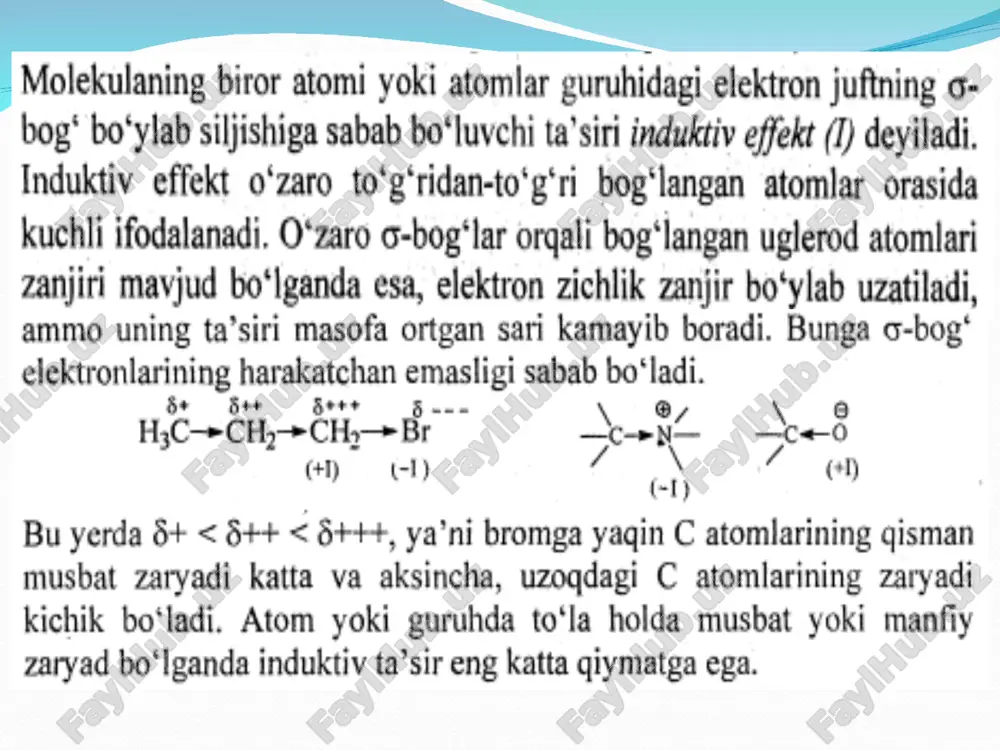 mkin, mi sol sirka kislotaning suvli eritmasidagi dissosiatsiya konstantasi: xch 2 cooh + h 2 o xch 2 coo - + h 3 o + ka 10 5 ch 3 ch 2 cooh 1,34 c 6 h 5 ch 2 cooh 4,88 ch 3 och 2 cooh 29,4 ch 3 cooh 1,76 f-ch 2 cooh 259 ch 2 =ch-ch 2 coo 4,52 n≡c- ch 2 cooh 356 bundan –f ta’sirli o’rinbosarlar qatori: cn› f› ch 3 o› c 6 h 5 › ch 2 =ch ch 3 dissotsiatsiya konstantasini kamaytiradi va u +f ta’sirli o’rinbosar hisoblanadi. yamr usulida x o’rinbosarning musbat zaryad nisbiy kattaligini baholash mumkin. ch 3 x molekulada τ(gaz) mln -1 ch 4 (etalon) 0 ch 3 j -1,85 ch 3 no 2 -3,91 ch 3 s ch 3 -1,90 ch 3 f -4,00 ch 3 o ch 3 -3,1 ch 3 cl -2,71 ch 3 n(ch 3 …