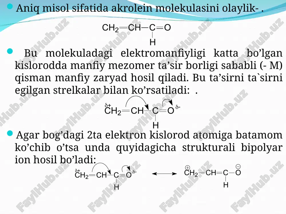 alik aromatik birikmalarga barcha kondensirlangan siklli politsiklik birikmalarni kiritdilar, ammo ularni barchasi ham asosiy talabga – faqat o`rin olish reaksiyasiga kirishish- javob bermas edilar. benzol qatori birikmalari uchun deyarli barcha reaksiyalarda turini (siklogeksatriyen sistemasini) saqlab qolish tendensiyasi xos. turni regenerasiyaga moyillik kondensirlangan siklli polisiklik sistemalarga o`tishda susayadi. bu ayniqsa chiziqli kondensirlangan birikmalar (naftalin – pentatsen) qatorida keskin namoyon bo`ladi. aksincha, perikondensirlangan arenlar uchun tutash sistemani regeneratsiyalash xususiyati oz o`zgaradi va naftalin sistemasini eslatadi. siklogeksatrien sistemasini yuqori barqarorligini e. xyukkel 1931 yilda tushuntirgan. u kvant-kimyoviy hisoblarga tayangan holda, siklik yopiq tutash sistemalar hosil bo`lishda π-elektronlarni siklik delokallashuvi sodir bo`lib, bunda energiyadan yutish (delokalanish energiyasi) kuzatilishini ko`rsatdi. siklik tutash sistemalar uchun buzilgan orbitallar xos bo`ladi. xyukkel sistema barqarorligi ushbu orbitallarni to`lishiga bog`liq deb taxmin qildi. hisoblashlar ikkala bog`lovchi buzilgan orbitallar to`lganda (4π - elektron) sistema eng barqaror bo`lishini ko`rsatdi. bundan tashqari, har bir siklik sistema ikkita π – elektronli past joylashgan orbitalga …