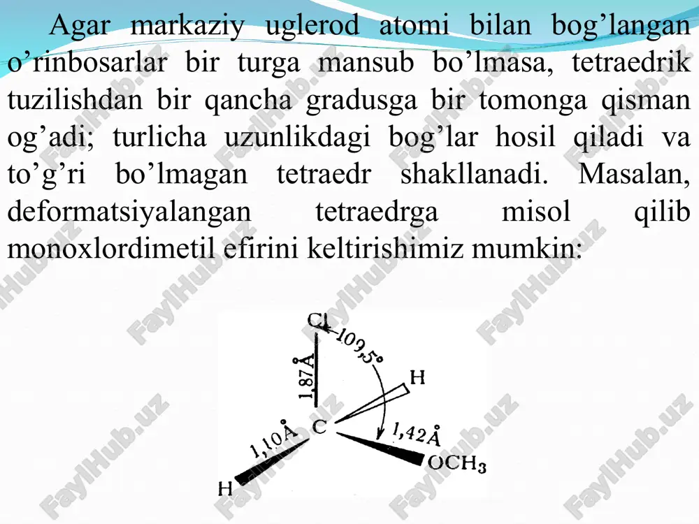 hdir: enantiomerlarning fizikaviy va kimyoviy xossalari ko‘pincha bir xil bo‘lsa ham, quyidagi hollarda ularning xossalarida ba’zi farqlar kuzatiladi. 1. qutblangan nur tekisligini qarama-qarshi teng burchakka burishi 2. boshqa xiral birikmalar bilan har xil tezlikda o‘zaro ta’sirlashadi. ba’zan bu tezlik farqi kam bo‘ladi. ammo ayrim hollarda enantiomerlardan biri boshqa xiral birikma bilan reaksiyaga kirishadi, ikkinchisi esa kirishmaydi. 3. shuning uchun ham enantiomerlardan biri biologik yoki boshqa turdagi faollik namoyon qilishi, boshqasining esa faollik namoyon qilmasligi kuzatiladi. axiral birikmalar bilan enantiomerlar bir xil tezlikda o‘zaro ta’sirlashadi. 4. optik faol katalizatorlar ishtirokida enantiomerlar axiral molekulalar bilan ham turli tezlikda reaksiyaga kirishishi mumkin. 5. optik faol erituvchilarda enantiomerlarning eruvchanligi turlicha bo‘lishi kuzatiladi. fazoviy kimyoviy formulalar bu: tetraedrik va trigonal uglerod atomlarini saqlovchi molekulalar tuzilishini ifodalovchi formulalaridir. bunda fazo tekisligida joylashgan bog‘lar oddiy chiziq bilan, fazo tekisligidan chiqib kuzatuvchi tomon yo‘nalgan bog‘lar qora uchburchak, kuzatuvchidan yo‘nalgan bo‘lsa, shtrixlangan uchburchak bilan ko‘rsatiladi: nyumen tasviriy (proyeksion) formulalari. …