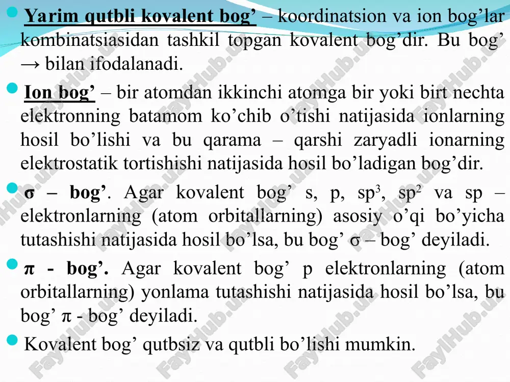 alki vodorod atomlarining itarilishiga bog`liq bo`lsada, yadrolar joylashishi bilan elektron zichlikni taqsimlanishi orasidagi bog`liqlik haqida fikr yuritish mumkin. sp2-gibridlangan uglerod atomi karbkation va radikallarda uchrasa, sp3-holat karbanionlarda bo`ladi. ao gibridlanishi faqat uglerod uchun xos emas. sp3-gibridlanish nh4+ shuningdek molekulaning markaziy atomi hosil qilgan bog`lar soni to`rtdan kam bo`lgan qator holatlarda ham uchraydi (nh3, ph3, h2o: va b.). ion, kovalent va vodorod bog`lar atom musbat zaryadlangan yadro va uning atrofida harakatlanuvchi manfiy zaryadlangan elektronlar majmuasidan iborat. har qanday sistema kabi atom ham ma`lum energiyaga ega. kimyoviy o`zgarishlarda atomning asosan elektronlariga bog`liq energiyalari namoyon bo`ladi. elektronning energiyasi esa uning kinetik va potensial energiyalaridan iborat. sistemaning energiyasi qanchalik kichik bo`lsa, u shunchalik barqaror bo`ladi. ikkita atomdan barqaror molekulaning yuzaga kelishi uchun molekulaning energiyasi uni hosil qilgan alohida atomlar energiyalaridan kichik bo`lishi kerak. eng kam reaksion qobiliyatli, ya`ni elektronlari eng barqaror bo`lgan sistemalar viii-guruh elementlariga mos inert gazlar hisoblanadi. ularning tashqi qavatida 8 ta …