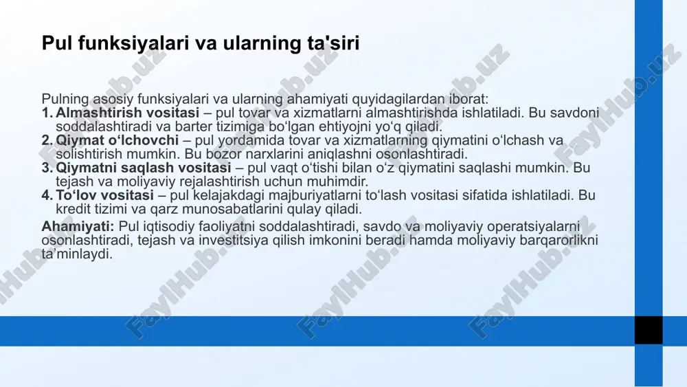 , yevro, funt sterling va iyena, xalqaro savdo va moliya operatsiyalarini tezlashtiradi, turli valyutalar bilan ishlashdagi murakkabliklarni kamaytiradi. pul iqtisodiy o‘sishga bevosita ta’sir ko‘rsatadi: u investitsiya, ishlab chiqarish va ish o‘rinlarini yaratishni rag‘batlantiradi, xalqaro hamkorlikni kuchaytiradi va global iqtisodiy integratsiyani qo‘llab-quvvatlaydi. shu bilan birga, pulning mavjudligi va barqarorligi mamlakat iqtisodiyotining rivojlanishi va xalqaro moliyaviy tizimdagi ishonchni oshirishda muhim rol o‘ynaydi. 16 image1.jpeg image2.png image3.png image4.png image5.png image6.jpeg image7.png image8.png image9.png image10.png image11.png image12.svg 22.06% 17.65% 14.7% 25% 20.59% kuchli valyutalar himoyalangan iqti... o'sayotgan bozorlar xalqaro savdo investitsiya oqimlari