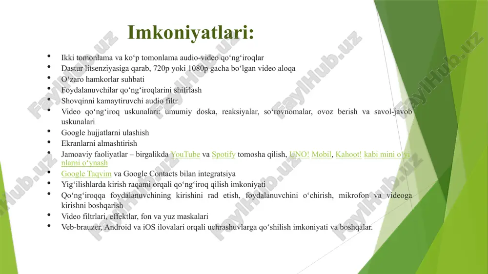 o'proq ma'lumot olish uchun quyidagi tavsiyalarni ko'rib chiqamiz: 2. foydalanuvchilarni ulash yaratilgan uchrashuv uchun taqdim etilgan havolani foydalanuvchilarga yuborish mumkin: elektron pochta orqali yuborish: google meet uchrashuvining havolasini email orqali yuborish mumkin. buning uchun, "yangi uchrashuv" tugmasini bosgach, hosil bo'lgan havolani nusxalab, kerakli elektron pochta manzillariga yuborishingiz mumkin. ijtimoiy tarmoqlar va xabarlar orqali yuborish: siz havolani whatsapp, telegram, facebook messenger kabi ilovalar orqali ham ulashingiz mumkin. google kalendar orqali yuborish: agar siz google kalendar yordamida uchrashuv yaratgan bo'lsangiz, foydalanuvchilar avtomatik ravishda email orqali uchrashuvga taklifnoma oladilar. google meet platformasida konferensiyaga foydalanuvchilarni ulash haqida ko'proq ma'lumot olish uchun quyidagi tavsiyalarni ko'rib chiqamiz: google meet platformasida konferensiyaga foydalanuvchilarni ulash haqida ko'proq ma'lumot olish uchun quyidagi tavsiyalarni ko'rib chiqamiz: 3. uchrashuvga qo'shilish uchrashuvga qo'shilish: havolani olgan foydalanuvchilar, havolaga bosish orqali google meet platformasiga kirishadi. uchrashuvga qo'shilishdan oldin foydalanuvchilardan mikrofon va kamera sozlamalari tekshiriladi. uchrashuvga qo'shish uchun foydalanuvchilar google hisobiga kirgan bo'lishi kerak, lekin …