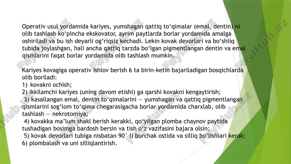 si mineral tuzlardan iborat bo‘lgani uchun ham u juda qattiq bo‘lib tish to‘qimalarini ximoyalab turadi. reminerilizasiya turli usullarda o‘tkaziladi. 1) applikatsiya — shimdirish usulida 10% li glyukonat kalsiy, 2% li natriy ftor, remodent eritmalari 4—6 qavat doka — marli yoki paxtaga shimdirilib jarohatlangan, kasallangan tishlar ustiga 10—20 daqiqa davomida qo‘yiladi; 2) ftor pastasi surtiladi; 3) og‘iz bo‘shlig‘i 1% li natriy ftor eritmasi bilan chayiladi; 4) tishlar ftorlak bilan yopiladi; /docprops/thumbnail.jpeg