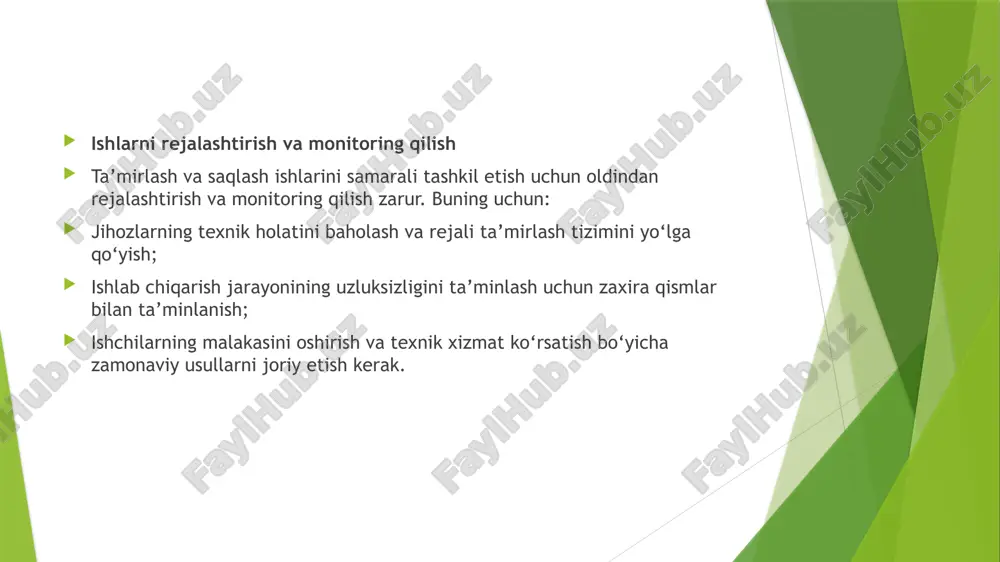 ijalarga erishish mumkin: davlat byudjeti va xususiy investorlar uchun yo‘l infratuzilmasiga ajratiladigan mablag‘larni samarali taqsimlash; ekspluatatsiya xarajatlarini kamaytirish orqali yo‘llarning uzoq muddat xizmat qilishini ta’minlash; transport sohasining umumiy iqtisodiy samaradorligini oshirish. xulosa avtomobil yo‘llarini ekspluatatsiya qilishning iqtisodiy-matematik modeli yo‘llarni samarali saqlash va ta’mirlash strategiyasini ishlab chiqish uchun muhim vositadir. modeldan foydalanish orqali ekspluatatsiya xarajatlari kamaytirilishi, yo‘l infratuzilmasining barqarorligi ta’minlanishi va transport tizimining umumiy samaradorligi oshirilishi mumkin. shu sababli, ilmiy asoslangan iqtisodiy-matematik yondashuv yo‘l qurilishi va ekspluatatsiyasida keng qo‘llanilishi zarur. 3-mavzu yo'llarni ekspluatatsiya qilish korxonalarini istiqbolli rejalarini tuzish. reja: istiqbolli rejalarni tuzishning asosiy maqsadlari istiqbolli rejalarni ishlab chiqish bosqichlari yo‘llarni ekspluatatsiya qilish bo‘yicha istiqbolli rejalar misollari kirish avtomobil yo‘llarining sifati va uzluksiz ishlashi mamlakat iqtisodiyotining rivojlanishi, transport tizimining samaradorligi va ijtimoiy farovonlik uchun muhim omillardan biridir. yo‘llarni ekspluatatsiya qilish korxonalari ushbu yo‘nalishda muhim rol o‘ynab, yo‘llarni saqlash, ta’mirlash va modernizatsiya qilish bilan shug‘ullanadi. ushbu korxonalar tomonidan istiqbolli rejalarni tuzish uzoq muddatli …
