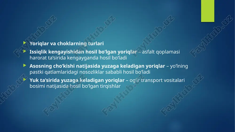 ni saqlab qoladi. polimer qo‘shimchalar – asfaltning issiqlikka chidamliligini oshiradi va yoriqlarning paydo bo‘lishiga qarshi ta’sir qiladi. nano-silikat va gidrofobizatorlar – asfalt yuzasining suv o‘tkazmasligini ta’minlaydi va buzilish jarayonini sekinlashtiradi. rejuvenatorlar (yangilovchi tarkiblar) – eski asfalt qatlamining elastikligini tiklaydi va mikro yoriqlarni yopadi. ishlatish usullari va samaradorligi yuzani tozalash – asfalt yuzasi chang va axloqlardan maxsus supurgi mashinalari yordamida tozalanadi. shimdiruvchi tarkibni qo‘llash – purkash yoki maxsus cho‘tka yordamida surtish yo‘li bilan amalga oshiriladi. quritish va singdirish jarayoni – haroratga bog‘liq holda 8-24 soat davom etadi. yangi qatlam bilan ishlov berish – kerak bo‘lsa, asfalt yuzasiga qo‘shimcha qatlam surtiladi yoki silliqlanadi. shimdiruvchi tarkib bilan ishlov berilgan asfalt qoplamalari: namlikni o‘tkazmasligi natijasida uzoqroq xizmat qiladi mexanik yuklamalarga chidamli bo‘ladi mikro yoriqlarning oldini oladi va mavjudlarini mustahkamlaydi kimyoviy ta’sirlardan himoyalanadi xulosa sementbeton va asfaltbeton yo‘l qoplamalarining chidamliligini oshirish uchun shimdiruvchi tarkiblar qo‘llash – bu yo‘llarni ekspluatatsiya qilish xarajatlarini kamaytirish, transport vositalarining harakat …