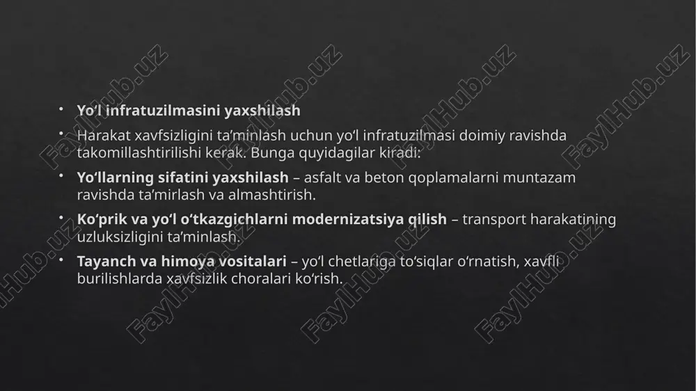 o‘l bo‘yi landshaft dizaynining vazifalari avtomobil yo‘llarini arxitektura manzarali obodonlashtirish yo‘l harakati ishtirokchilari uchun qulay va xavfsiz muhit yaratish, atrof-muhitni himoya qilish hamda yo‘llarning estetik jozibadorligini oshirishga qaratilgan. ushbu jarayon quyidagi vazifalarni bajaradi: xavfsizlikni oshirish – haydovchilarning diqqatini chalg‘itmaydigan, ammo yo‘nalishni vizual ravishda aniqlashga yordam beradigan landshaft dizaynini yaratish. ekologik barqarorlik – chang va shovqinni kamaytirish, atmosfera havosini tozalash uchun yashil maydonlarni yaratish. shahar va qishloq hududlarining ko‘rkamligini oshirish – yo‘llar bo‘ylab daraxtlar, gulzorlar va landshaft arxitekturasi elementlarini joylashtirish. iqlimga moslashtirish – shahar haroratini tartibga solish, quyosh nurlari ta’sirini yumshatish va shamol ta’sirini kamaytirish. manzarali obodonlashtirish yo‘llarning nafaqat chiroyli ko‘rinishini, balki ekologik muvozanatni ham ta’minlaydi. daraxt va o‘simliklar – uglerod chiqindilarini kamaytirish va yo‘l harakati shovqinini pasaytirish. ko‘prik va yo‘l o‘tkazgichlarning dizayni – tabiiy muhitga mos keladigan materiallar va shakllardan foydalanish. yo‘l chetlarining tabiiy obodonlashtirilishi – ortiqcha beton va asfalt maydonlarini kamaytirish orqali tabiiy landshaftni saqlash. yo‘l bo‘yi yashil hududlar …