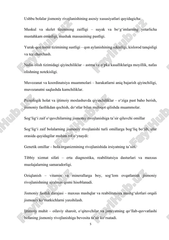 m beradi. uning ijobiy ta’siri quyidagi yo‘nalishlarda namoyon bo‘ladi: yurak-qon tomir tizimiga ta’siri jismoniy mashqlar yurak mushaklarini mustahkamlaydi, qon aylanishini yaxshilaydi va qon bosimini me’yorda ushlab turadi. sog‘lig‘i zaif bolalar orasida yurak-qon tomir kasalliklariga moyillik bo‘lishi mumkin, shu sababli ularga moslashtirilgan mashqlar tizimi katta ahamiyatga ega. nafas olish tizimiga ta’siri nafas mashqlari va jismoniy faollik o‘pka sig‘imini oshiradi, nafas olishni yaxshilaydi va kislorod almashinuvini yaxshilaydi. ayniqsa, astma kabi nafas yo‘llari kasalliklari bilan bog‘liq muammolari bor bolalar uchun jismoniy tarbiya muhim rol o‘ynaydi. muskul va skelet tizimiga ta’siri jismoniy mashqlar suyaklarning mustahkamlanishiga, bo‘g‘imlarning moslashuvchan bo‘lishiga va mushaklarning rivojlanishiga yordam beradi. orqa umurtqa va bo‘g‘imlar muammosi bo‘lgan bolalar uchun maxsus mashqlar tizimi ishlab chiqilgan. asab tizimiga ta’siri jismoniy faollik stress, tashvish va depressiyani kamaytirishga yordam beradi. jismoniy tarbiya bilan muntazam shug‘ullanuvchi bolalar ijtimoiy hayotda faolroq bo‘lishadi, muloqot qilish qobiliyatlari yaxshilanadi va o‘zlariga bo‘lgan ishonch ortadi. moddalar almashinuvi va immunitetni oshirish jismoniy tarbiya …