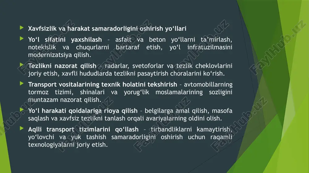 o'llarining ko'taruvchanlik qobiliyatini baholashning dolzarb masalalari reja: yo‘l qoplamasining mustahkamligi va yuk ko‘tarish qobiliyatiga ta’sir etuvchi omillar yo‘l qoplamasi materiallarining chidamliligini baholash avtomobil yo‘llarining yuk tashish talablariga mosligini baholash mezonlari yo‘l qoplamasining mustahkamligi va yuk ko‘tarish qobiliyatiga ta’sir etuvchi omillar yo‘l qoplamasining mustahkamligi va yuk ko‘tarish qobiliyati turli omillarga bog‘liq bo‘lib, ular yo‘lning chidamliligi va uzoq muddat xizmat qilishini ta’minlaydi. avvalo, yo‘l materialining sifati katta ahamiyatga ega. asfalt, beton, shag‘al kabi materiallar turli yuklarga bardosh bera olishi kerak. bundan tashqari, tuproq asosining mustahkamligi ham muhim hisoblanadi. agar yo‘l osti qatlamlari zich bo‘lmasa yoki notekis joylashgan bo‘lsa, og‘ir yuk transporti ta’sirida yo‘lning cho‘kishi va yorilishi kuzatilishi mumkin. yo‘lning barqarorligi yukning teng taqsimlanishiga ham bog‘liq. yuk transporti oqimining intensivligi ham yo‘l qoplamasining tez eskirishiga olib keladi. og‘ir yuk mashinalari muntazam harakatlangan hududlarda yo‘l qoplamasi tezda yemirilishi mumkin. ayniqsa, ortiqcha yuklangan transport vositalari yo‘lning buzilish jarayonini tezlashtiradi. yuk transporti oqimining yo‘l infratuzilmasiga ta’siri …