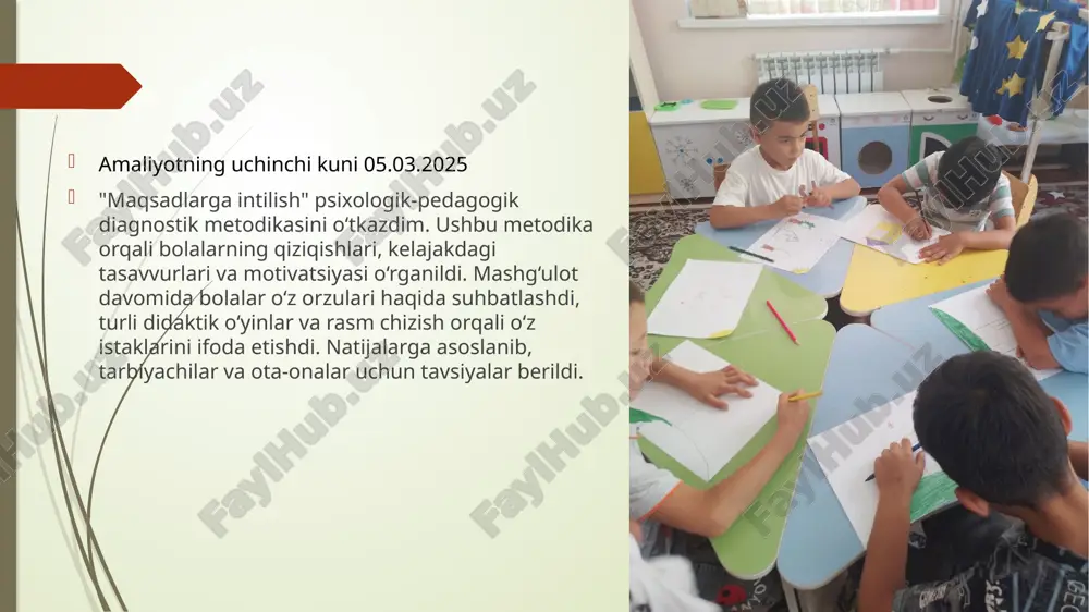 rini psixolog bilan birgalikda qayta ishladim. bolalarning emotsional holatini baholash uchun “rang tanlash” va “yuz ifodalari” metodikalarini moslashtirdim. ijtimoiy moslashuv darajasini o‘lchash maqsadida “o‘yinchoq tanlash” va “o‘yin holatlari” metodikalarini qayta ko‘rib chiqdim. nutq rivojlanishini baholash uchun bog‘cha yoshiga mos test va kuzatuv usullarini ishlab chiqdim. shuningdek, diqqat va xotirani aniqlash bo‘yicha oddiy vizual va eshitish mashqlari orqali baholash tizimini yaratdim. amaliyotning o’n uchinchi kuni 18.03.2025 bugun "hayvonlar yo‘qolib qoldi" proyektiv texnikasini o‘tkazdim. ushbu metodika orqali bolalarning ichki hissiy holati, tashvishlari va shaxsiy kechinmalari haqida bilib olishga harakat qildim.mashg‘ulot davomida bolalarga tasavvur qilish va rasm chizish topshirig‘i berildi. ular yo‘qolgan hayvonlar haqidagi fikrlarini tasvirlab, o‘z his-tuyg‘ularini ifodalashdi. keyin esa har bir chizilgan rasm asosida mavzuga oid suhbat tashkil etildi.natijalarga ko‘ra, ayrim bolalarda tashvish, qo‘rquv yoki ishonchsizlik hissi borligi, boshqalarda esa ijodiy fikrlash va optimistik kayfiyat ustunligi kuzatildi. mashg‘ulot yakunida farzandlar bilan qanday ishlash kerakligi bo‘yicha sinf rahbari va psixolog bilan muhokama …