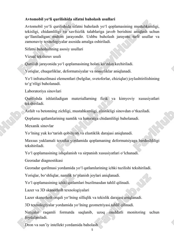 qoplamasining mustahkamligi, tekisligi, chidamliligi va xavfsizlik talablariga javob berishini aniqlash uchun qo‘llaniladigan muhim jarayondir. ushbu baholash jarayoni turli usullar va zamonaviy texnologiyalar asosida amalga oshiriladi. sifatni baholashning asosiy usullari vizual tekshiruv usuli qurilish jarayonida yo‘l qoplamasining holati ko‘zdan kechiriladi. yoriqlar, chuqurliklar, deformatsiyalar va nosozliklar aniqlanadi. yo‘l infratuzilmasi elementlari (belgilar, svetoforlar, chiziqlar) joylashtirilishining to‘g‘riligi baholanadi. laboratoriya sinovlari qurilishda ishlatiladigan materiallarning fizik va kimyoviy xususiyatlari tekshiriladi. asfalt va betonning zichligi, mustahkamligi, elastikligi sinovdan o‘tkaziladi. qoplama qatlamlarining namlik va haroratga chidamliligi baholanadi. mexanik sinovlar yo‘lning yuk ko‘tarish qobiliyati va elastiklik darajasi aniqlanadi. maxsus yuklamali texnika yordamida qoplamaning deformatsiyaga bardoshliligi tekshiriladi. yo‘l qoplamasining ishqalanish va sirpanish xususiyatlari o‘lchanadi. georadar diagnostikasi georadar qurilmasi yordamida yo‘l qatlamlarining ichki tuzilishi tekshiriladi. yoriqlar, bo‘shliqlar, namlik to‘planish joylari aniqlanadi. yo‘l qoplamasining ichki qatlamlari buzilmasdan tahlil qilinadi. lazer va 3d skanerlash texnologiyalari lazer skanerlash orqali yo‘lning silliqlik va tekislik darajasi aniqlanadi. 3d texnologiyalar yordamida yo‘lning geometriyasi tahlil qilinadi. natijalar raqamli …
