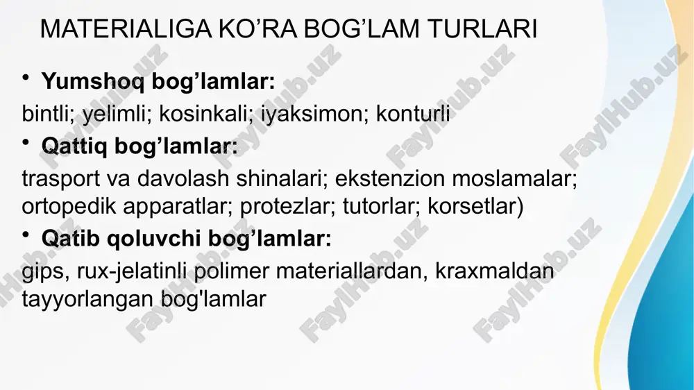 uncha davom ettiriladi.undan so‘ng tepa-ensa sohasidan iyakkacha tortib turilgan bint tasmasi iyak pastiga tuguncha qilib bog‘lab qo‘yiladi. bir ko’zga bog’lam qo’yish yaxshi qo‘yilgan bog‘lam ko‘z soqqasini ezmasdan, bog‘lam ostidagi salfetkani mustahkam ushlab turishi kerak. bu bog‘lamda quloqlar ochiq qolishi lozim. bog‘lam avvalo kalla atrofiga sirkulyar qo‘yiladi, keyin boshning tepa sohasidan ensa-kallaning orqa qismidan, quloqning pastki miyonidan yuzga o‘tadi va u ko‘tarilib, ko‘z soqqasini berkitadi. bu bog‘lamda sirkulyar hamda yuqoriga ko‘tariluvchi bog‘lamlar ketma-ket qo‘yiladi. ikkala ko’zga bog’lam qo’yish ikkala ko‘zni berkitish uchun bint aylantirib o‘rab mustahkamlangach, keyingi o‘rama bosh tepasi va peshona bo‘ylab pastga tushiriladi va yuqoridan pastga tomon chap ko‘zni berkitadigan qiyshiq o‘ram qilinadi. so‘ngra bintni ensa orqali o‘tkazib, pastdan yuqoriga tomon o‘ng ko‘zni berkitadigan qiyshiq o‘ram qilinadi. buning natijasida bintning keyingi aylana o‘ramlari qoshlar sohasida kesishib, ikkala ko‘zni berkitadi va lobora pastga tushaveradi. bintlash oxirida bog‘lam gorizontal doiralikda o‘rash bilan mustahkamlanadi. bo’yin sohasiga bo‘yinning orqa chakka sathi sirkulyar tur …