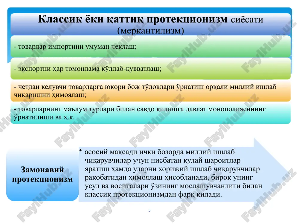 ta'rif usullariga eksporterlar va ishlab chiqaruvchilarga subsidiyalar berish, kvotalash, litsenziyalash kabilar kiradi. bojxona bojlari avvalo import bojlari va eksport bojlariga ajraladi. import bojlari davlat byudjetini to'ldirish maqsadida va ichki bozorlarga tushadigan chet el tovarlari oqimini tartibga solish uchun belgilanadi. eksport bojlari mamlakat ichida talab ko'p bo'lgan mahsulotlar taqchilligining oldini olish maqsadida belgilanadi. 20 boj olinadigan mahsulotlar, boj olinmaydigan mahsulotlar, olib kelish va olib ketish taqiqlangan mahsulotlar, shuningdek, bojxona bojlari stavkasi, ya'ni, ularning tartibga solingan ro'yxati bojxona tariflari deb ataladi. 21 mamlakat mudofaa sanoatini himoya qilish imkonini beradi; mamlakatda bandlilik darajasi o'sishini ta'minlaydi va yalpi talabni rag'batlantiradi, importning nisbatan cheklanishi natijasida sof eksport o'sadi va joriy operatsiyalar bo'yicha to'lov balansi xolati yaxshilanadi; milliy iqtisodiyotdagi yangi tarmoqlarni himoya qilish uchun zarur; bojxona tariflarini kiritishni yoqlovchi mutaxassislar fikriga ko'ra import tariflari: 22 davlat byudjeti daromadlarini to'ldirish manbai bo'lib xizmat qiladi; milliy ishlab chiqaruvchilarni demping ko'rinishidagi chet el raqobatidan himoya qiladi; iqtisodiyot tuzilishini qayta …