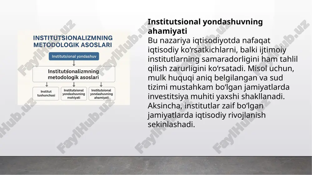 adi. 3.4. global rivojlanish tendensiyalari va yangi institutlar raqamlashtirish va e-hokimiyat. xalq xizmatlarini raqamlashtirish davlat xizmatlarini soddalashtiradi, shaffoflikni oshiradi va korrupsiya imkoniyatlarini qisqartiradi. ma’lumot va digital institutlar. ma’lumotga huquqiy muhofaza, onlayn shartnomalar, kiberxavfsizlik me’yorlari yangi institut sifatida shakllanmoqda. barqaror va inklyuziv institutlar. iqlim siyosati, yashil moliyalashtirish va ijtimoiy himoya mexanizmlari institutlar majmuasiga kirib bormoqda. xalqaro hamkorlik institutlari. savdo, intellektual mulk va raqamli standartlarni tashkil etuvchi transchegaraviy institutlarning roli ortmoqda. 3.5. amaliy tavsiyalar (polisiya va practice uchun) rule of law va sud tizimini mustahkamlash — kontrakt ijrosi va mulk huquqini ta’minlash ustuvorligi. regulyatsiyani soddalashtirish — litsenziyalash va soliq tartibini sodda, bashoratli qilish. shaffoflik va axborotga kirish — davlat xaridlari va ruxsatnomalar bo‘yicha ochiqlikni ta’minlash. raqamli institutlarni rivojlantirish — elektron hukumat, onlayn ro‘yxatga olish va elektron sud tizimlari. inson kapitalga sarmoya — ta’lim va kasbiy tayyorgarlik institutlarini kuchaytirish. bardoshli tartibga solish — yangi texnologiyalar va startaplar uchun moslashuvchan qonunchilik. islohotlarni ketma-ket va …