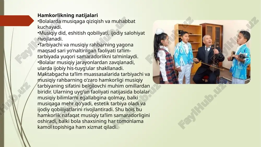 iy faollikni kuchaytiradi. 4. individual yondashuv. har bir bolaning musiqiy qobiliyati turlicha. ba’zilar qo‘shiq kuylashga, boshqalar raqsga yoki cholg‘u asbobida oddiy ritmlar chalishga moyil bo‘lishi mumkin. tarbiyachi va musiqiy rahbar buni hisobga olib, bolalarga ularning qiziqishlariga mos vazifalar topshirsa, jarayon samaraliroq bo‘ladi. 5. rag‘batlantirish va qo‘llab-quvvatlash. bolalarni maqtash, kichik belgilar yoki sovg‘alar bilan rag‘batlantirish musiqaga bo‘lgan muhabbatni kuchaytiradi. tarbiyachi va musiqiy rahbar bu jarayonda birgalikda qatnashib, bolalarda musiqiy faoliyatga ijobiy munosabat shakllantirishi lozim. umuman olganda, samarali hamkorlikni ta’minlash uchun tarbiyachi va musiqiy rahbarning ijodiy yondashuvi, o‘zaro muloqoti va bolalar qiziqishini to‘g‘ri yo‘naltirishi juda muhimdir. bunday hamkorlik natijasida musiqiy ta’lim jarayoni qiziqarli, samarali va mazmunli bo‘ladi. eng asosiysi, bolalarda musiqaga mehr-muhabbat ortadi, ularning estetik didi, ijodkorligi va shaxsiy rivojlanishi ta’minlanadi. e'tiboringiz uchun raxmat! image1.jpeg image2.jpeg image3.jpeg image4.jpeg /docprops/thumbnail.jpeg