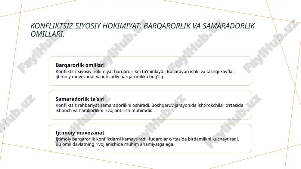 korlik orqali hal etishga intiladi, bu esa ijtimoiy ziddiyatlarni kamaytiradi. 4 o'zbekistondagi misollar - o'zbekistonda konfliktsiz siyosat, iqtisodiy islohotlar va ijtimoiy dasturlar orqali barqarorlikni ta'minlashga qaratilgan, misol sifatida "yoshlar siyosati" ko'rsatilishi mumkin. konfliktsiz boshqaruv: tajribalar va muvaffaqiyat hikoyalari. 1 konfliktsiz boshqaruv konfliktsiz boshqaruv, siyosiy jarayonlarda murosa va hamkorlik asosida amalga oshiriladi, bu esa ijtimoiy barqarorlikni ta'minlaydi. 2 tajribalar o'zbekistonda konfliktlarni bartaraf etish uchun samarali tajribalar mavjud. murojaat va ochiq dialoglar orqali davlat va jamoatchilik o'rtasida ishonch o'rnatildi. 3 muvaffaqiyat hikoyalari muvaffaqiyatli konfliktlarni boshqarish misollari sifatida, o'zbekistondagi iqtisodiy va ijtimoiy rivojlanish dasturlari natijalari keltirilishi mumkin. 4 barqarorlik omillari konfliktsiz boshqaruv barqarorlikni ta'minlaydi, bu esa davlat siyosatining samarali amalga oshirilishi va iqtisodiy o'sishni rag'batlantiradi. o'zbekistonda konfliktsiz siyosatning kelajagi va imkoniyatlari. 1 o'zbekiston siyosati o'zbekistonda konfliktlar o'rniga, hukumat barqarorligini ta'minlash uchun samarali siyosat va strategiyalar ishlab chiqmoqda, bu esa ijtimoiy tinchlikni saqlaydi. 2 iqtisodiy imkoniyatlar konfliktsiz siyosat, iqtisodiy o'sishga xizmat qilmoqda. davlat investitsiyalarini …
