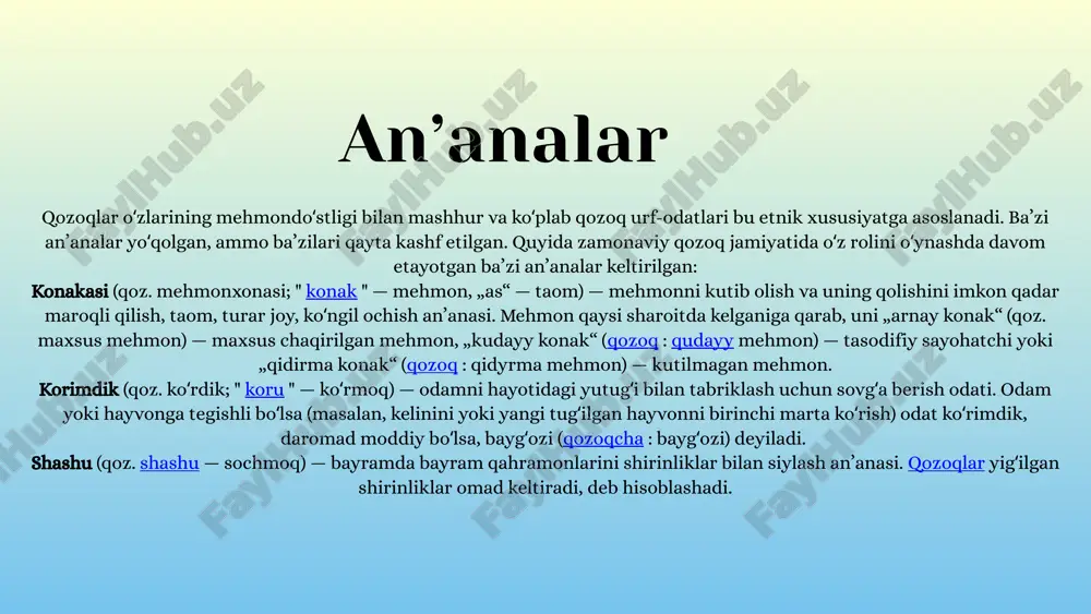 r mavjud. mang‘istau viloyatining og‘landi degan joyida yer olgan beket-ota masjidi xvii asrda qurilgan. keyinchalik u xviii asrda yashagan tabib va avliyo zot sharafiga shunday nom olgan. uning ichiga kirish uchun yer ostiga 1500 metr chuqurlikka tushish talab etiladi. boyterak monumenti 1996–2002-yillarda qurilgan. inshootning balandligi 97 metrni tashkil qiladi. 1997-yilda ostona qozog‘iston poytaxti deb e’lon qilingan, ya’ni monumentning balandligi mamlakat tarixining yangi sahifasini ramziy ifodalaydi. joylar 1. ko‘chmanchilik madaniyati • qozoq xalqining uzoq tarixiy davrlardan boshlab ko‘chmanchi turmush tarzi madaniyatning asosi bo‘lgan. • yurt, ot, va tabiatga hurmat qilish madaniyatning ajralmas qismi hisoblanadi. • an’anaviy uy-joy — “yurta” — o‘zining amaliy va estetik xususiyatlari bilan mashhur. 2. musiqa va xalq ijodi • dombra (torli musiqa asbobi) qozoq musiqasining ramzi bo‘lib, milliy kuy va qo‘shiqlarni ijro qilishda ishlatiladi. • akynlar (xalq shoirlari) tomonidan kuylangan dostonlar va she’rlar xalq og‘zaki ijodining noyob namunalari hisoblanadi. 3. me’morchilik va hunarmandchilik • qozoq me’morchiligi, masalan, …