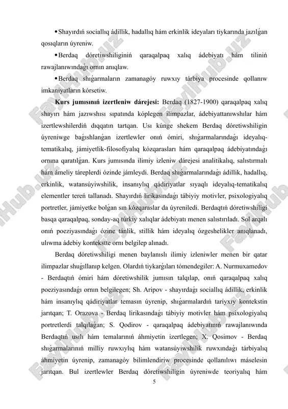 tallaw, ádebiyattanıw teoriyasında jańa kózqaraslardı qollanıw imkaniyatın beredi. ámeliy áhmiyeti sonda, berdaq shıǵarmaları búgingi kúnde ruwxıy-ádep-ikramlılıq tárbiya procesinde keńnen qollanılıwı múmkin. shayırdıń ideyalıq-ruwxıy kózqarasları jaslardı milliy qádiriyatlar, ádillik hám insanıylıq pazıyletler ruwxında tárbiyalawda nátiyjeli qural esaplanadı. sonıń menen birge, berdaq dóretiwshiligi bilimlendiriw mákemelerinde sabaq materialları sıpatında paydalanılıwı, ádebiy oqıw baǵdarlamaların bayıtıwı hám zamanagóy mádeniy-ruwxıy ortalıqtı qáliplestiriwge úles qosıwı múmkin. kurs jumısınıń nátiyjeleri qaraqalpaq ádebiy miyrasın úyreniw, milliy ádebiyat hám tariyxıy miyrastı úgit-násiyatlaw, sonday-aq, jas áwladtıń ruwxıy jetikligin arttırıwǵa xızmet etedi. kurs jumısımızdıń strukturası: jumıs kirisiw, altı paragraftı qamtıwshı eki bap, juwmaqlaw hám paydalanılǵan ádebiyatlardıń diziminen, qosımsha slaydlardan turadı. kurs jumısı 31 bettetn ibarat. i bap. berdaq dóretiwshiliginiń ulíwma kórinisi 1.1. berdaq ómiri hám dóretiwshiligi. berdaq (1827-1900) qaraqalpaq xalıq shayırı hám jazıwshısı sıpatında óz dáwiriniń eń jarqın dóretiwshilik tulǵaları qatarına kiredi. ol qaraqalpaqstannıń túrli aymaqlarında tuwılıp ósken, xalqınıń turmıs tárizi, úrp-ádetleri hám tariyxıy waqıyaların jaqınnan baqlaǵan. berdaqtıń ómiri hám dóretiwshilik jumısı …