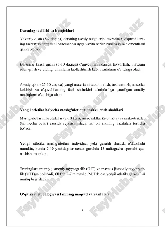hda amaliy topshiriqlar qo'llaniladi, misol uchun, sport musobaqalarida ishtirok etish, bunda ballar tizimi orqali (1 dan 10 gacha) baholanadi. malakalarni baholashda o'quvchining olgan bilim va ko'nikmalarini kundalik hayotda qo'llay olishi kuzatiladi, masalan, jamoada ishlashda 80% muvaffaqiyat ko'rsatkichi. o'quvchilarning bilimini baholashda diagnostik testlar orqali ularning o'quv materiallarini qanchalik tushungani aniqlanadi, bunda 70% to'g'ri javob yaxshi natija hisoblanadi. yengil atletika va jismoniy tarbiya darslarining o'zaro bog'liqligi sakrash va uloqtirish kabi yengil atletika mashqlari jismoniy tarbiya darslarida kuchni oshirishga yordam beradi, bu esa 5-sinf o'quvchilarining mushaklarini rivojlantirishga imkon beradi. uzoq masofaga yugurish kabi yengil atletika elementlari jismoniy tarbiya darslarida chidamlilikni rivojlantiradi, bu esa umumiy salomatlikni mustahkamlaydi va energiya darajasini oshiradi. yengil atletika mashqlari, masalan, yugurish 100 metrga, jismoniy tarbiya darslarida tezlikni oshirishga yordam beradi, bu esa muvaffaqiyatli topshiriqlarni bajarish imkoniyatini oshiradi. mashqlar tanlash va rejalashtirish rejalashtirishda makro, mezo va mikrotsikllarni aniq belgilash, yuklamalarni 3:1 nisbatda (ish:dam olish) rejalashtirish va tiklanish jarayonlarini ko'zda tutish …