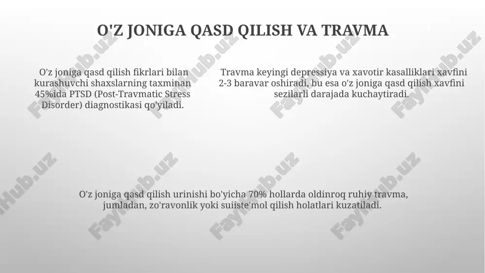 siya davolashni talab qiladi. travmadan keyingi stress buzilishi (tksb) tksb diagnostikasi uchun dsm-5 va icd-11 kabi xalqaro tasniflash tizimlari qo'llaniladi, bu erda 4 dan ortiq alomatlarning mavjudligi kasallikning aniq belgisidir. tksbning rivojlanish ehtimoli travma darajasi bilan bevosita bog'liq bo'lib, og'ir jismoniy shikastlanishlardan keyin 30% ga yaqin odamlarda kuzatiladi. tksbning rivojlanish ehtimoli travma darajasi bilan bevosita bog'liq bo'lib, og'ir jismoniy shikastlanishlardan keyin 30% ga yaqin odamlarda kuzatiladi. travmaning kelib chiqish sabablari bolalar va qariyalar travmatik kasalliklarga nisbatan 2-3 baravar ko'proq moyil bo'lib, ularning immunitet tizimi va suyak zichligi pastligi bunga sabab bo'ladi. travma natijasida kelib chiqadigan kasalliklarning 70% dan ortig'i avtohalokatlar, yiqilishlar va boshqa mexanik shikastlanishlar bilan bog'liq. og'ir travmalar, masalan, ko'p sonli suyak sinishlari yoki ichki organlarning shikastlanishi, 30% hollarda uzoq muddatli nogironlikka olib kelishi mumkin. o'tkir stress buzilishi o'tkir stress buzilishi (osb) diagnostik mezonlariga ko'ra, 3 yoki undan ortiq simptom kamida 3 kun davomida kuzatiladi. osb'ning rivojlanishida genetik moyillik, …