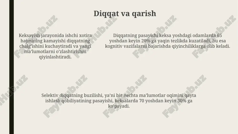 adi. xotira yoshi bilan bog'liq ravishda pasayishi mumkin, bu esa 65 yoshdan oshgan odamlarning taxminan 20%ida demansga olib kelishi mumkin. bu jarayon asosan neyronlararo aloqalarning susayishi va miya hujayralarining kamayishi bilan bog'liq. e'tiboringiz uchun rahmat @taqdimot_robot