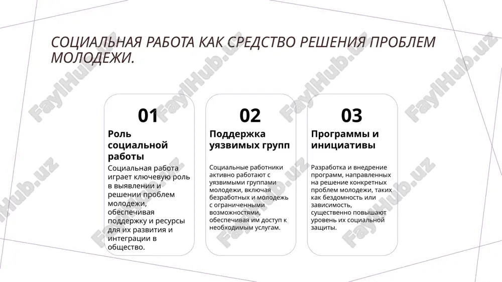 irovanie i resursi gosudarstvennie programmi obespechivayut finansirovanie sotsialnix proektov, chto pozvolyaet realizovat initsiativi po podderjke molodeji, vklyuchaya dostup k obrazovaniyu i sotsialnim uslugam. 3 vliyanie na molodej effektivnost gosudarstvennix programm polojitelno skazivaetsya na blagosostoyanii molodeji, sposobstvuya ix integratsii v obshestvo i snijeniyu urovnya bezrabotitsi sredi molodeji. vvedenie v rol sotsialnix slujb v jizni molodeji: znachimost i tseli. znachenie sotsialnix slujb sotsialnie slujbi igrayut klyuchevuyu rol v povishenii jiznennogo urovnya molodeji, predostavlyaya neobxodimie resursi i podderjku dlya uspeshnoy integratsii v obshestvo. osnovnie tseli tseli sotsialnix slujb vklyuchayut razvitie jiznennix navikov, dostup k obrazovaniyu i meditsinskim uslugam, a takje podderjku v trudoustroystve dlya molodeji. vliyanie na molodej sotsialnie slujbi okazivayut znachitelnoe vliyanie, pomogaya molodeji spravlyatsya s vizovami, takimi kak bednost, bezrabotitsa i sotsialnaya izolyatsiya, uluchshaya ix obshee blagosostoyanie. strategii vzaimodeystviya sotsialnix slujb s molodejyu: podxodi i metodi. 1 individualniy podxod sotsialnie slujbi primenyayut individualnie strategii, uchitivayushie osobennosti kajdogo molodogo cheloveka, chto sposobstvuet …