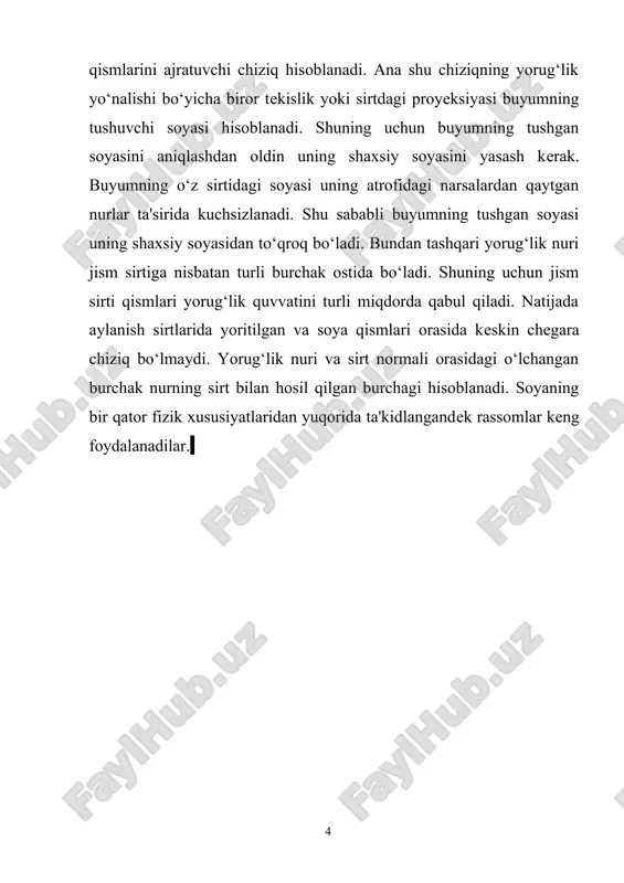 . ravshanlik. yoritish manbai nuqta bo’lmasdan balki, narsa bevosita yoki jismdan qaytuvchi nurlar bilan yoritilishi mumkin. yoritishning shu fizik xossasi ravshanlik deyiladi. yoritilganlik. biror yuza birligiga tushayotgan yoritish nurlari ta’sirida hosil bo’lgan yorug’lik yoritilganlik deb ataladi. quyoshdan kelayotgan nurlar ta’sirida narsalar deyarli bir xilda yoritiladi. chunki fazoning ma’lum bir manzarasida jismlar quyoshdan bir xil uzoqlikda joylashgan bo’ladi. aksincha uy xonadagi narsalarning yoritilishi deraza yoki lampochkadan uzoqlashishi natijasida yoritish ravshanligi juda tez kamaya boradi. ii. asosiy qism i. bob. chizmachilik darslarida chizma asboblarida geometrik shakllar yasashning ahamiyati. bmi ning maqsad va vazifasi. chizmachilik sohasida perspektiva fani va uning qonun-qoidalari, perspektivada soyalar yasash usullari orqali o’quvchilarga chizmalarni tushuntirish, o’quvchilar fazoviy tasavvurini kengayitirish, ularning grafik savodxonligini oshirish. chizmachilik darslarida geometrik shakllar asosan chizma asboblarida bajariladi. geometrik shakllari orqali o’quvchilar fazoviy tasavvurini shakllantiriladi. chizma-buyumning yoki buyum bir qismining grafik tasviri bo’lib, shu buyumni tayyorlashda asosiy hujjat hisoblanadi. har bir buyumning avval loyihasi tuziladi, buyumning …