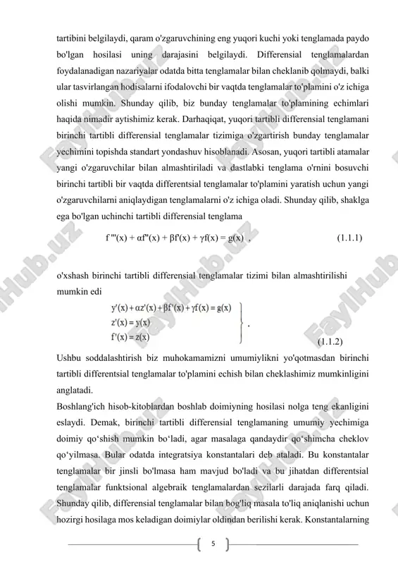 heklov qo‘yilmasa. bular odatda integratsiya konstantalari deb ataladi. bu konstantalar tenglamalar bir jinsli bo'lmasa ham mavjud bo'ladi va bu jihatdan differentsial tenglamalar funktsional algebraik tenglamalardan sezilarli darajada farq qiladi. shunday qilib, differensial tenglamalar bilan bog'liq masala to'liq aniqlanishi uchun hozirgi hosilaga mos keladigan doimiylar oldindan berilishi kerak. konstantalarning tabiati (ya'ni, ularning hosilalarining nolga teng bo'lishi) bog'liq o'zgaruvchining doimiy qiymatiga ega bo'lgan mustaqil o'zgaruvchining qandaydir qiymati mavjudligini anglatadi. shunday qilib, integratsiya konstantalari nafaqat qiymatga ega, balki ular yechimning ushbu qiymatga ega bo'lgan "joyiga" ega. agar integrasiyaning barcha konstantalari bir joyda ko’rsatilgan bo’lsa, ular boshlang’ich qiymatlar, yechim topish masalasi esa boshlang’ich qiymat masalasi deyiladi. bundan tashqari, sonli yechimni topish uchun yechim kerakli bo'lgan mustaqil o'zgaruvchining diapazoni ham ko'rsatilishi kerak. ushbu diapazon mustaqil o'zgaruvchining boshlang'ich qiymatini o'z ichiga olishi kerak (ya'ni, integratsiya konstantalari ko'rsatilgan joyga mos keladigan mustaqil o'zgaruvchining qiymati). ba'zida integratsiya konstantalari turli joylarda belgilanadi. bunday muammolar chegaraviy muammolar deb ataladi va …