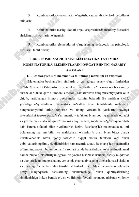 olalarning ma’lum bilim va malakalarni o‘zlashtirib olish bilan birga ularda kuzatuvchanlik, idrok, ijodiy tasavvur, diqqat, xotira, tafakkur kabi bilish qobiliyatlarining ilmiy rivojlantirishni ham nazarda tutadi. boshlang‘ich matematika ta’limining asosini butun nomanfiy sonlari ustida bajariladigan to‘rt arifmetik amal hamda puxta o‘zlashtirilgan og‘zaki va yozma hisoblash usullari, asosiy miqdorlar va ular orasidagi munosabatlar, yer ustida chamalab va aniq o‘lchash, yassi shakllar va ularning o‘lchamlari bilan tanishtirish tashkil qiladi. matematika darsi bolalarda ilmiy dunyoqarash asoslarining shakllanishiga, bilish qobiliyatlarining rivojlanishiga imkon beradi; o‘qish va ijtimoiy foydali mehnatga nisbatan vijdoniy munosabatni, vatanga muhabbatni tarbiyalaydi. shuningdek, qat’iy hayotiy nuqtai nazarga ega bo‘lgan milliy qadriyatlarni hurmat qiladigan insonlarni tarbiyalashga xizmat qiladi[footnoteref:4]. [4: boshlang‘ich sinflarda matematika o‘qitish metodikasi. toshkent o‘qituvchi” 2022 y.] umuman, boshlang‘ich sinflar uchun matematika dasturi va darslikni quyidagi talab va qoidalar asosida tuzish maqsadga muvofiq bo‘ladi: a) o‘quv ma’lumotlarini qiyinlik darajasiga, o‘rganishidan kuzatilgan maqsadga qarab chiziqli yoki halqasimon tarzda muntazam bayon etish; b) darslik uchun …
