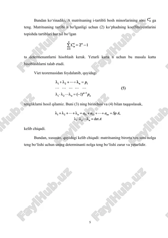 qilamiz. ma’lumki, bundan foydalanib, misol uchun 1-holda lardan ekanligi kelib chiqadi. 1.2. danilevskiy usuli bu metodning asosiy g‘oyasi berilgan a matritsani o‘xshash almashtirishlar yordamida frobenius normal formasiga keltirishdan iboratdir. a va r o‘xshash bo‘lganligi uchun, ya’ni ular bir xil xarakteristik ko‘phadga ega, ya’ni r matritsaning xarakteristik ko‘phadini osongina yozish mumkin. haqiqatdan ham ni birinchi satr elementlari bo‘yicha yoyib chiqsak: bo‘ladi. demak, r matritsaning birinchi satr elementlari lar mos ravishda uning xos ko'phadining koeffitsiyentlaridan iborat ekan. a matritsani r matritsa ko‘rinishiga keltirish uchun ketma-ket n - 1 marta o‘xshash almashtirish yordamida a matritsaning satrlarini oxirgi satridan boshlab mos ravishda r matritsa satrlariga o‘tkaziladi. faraz qilaylik, a matritsaning elementi noldan farqli bo‘lsin va uni ajratilgan element deymiz. a matritsani o‘ng tomondan matritsaga ko‘paytiramiz, natijada hosil bo‘ladi. matritsalarni ko‘paytirish qoidasiga ko‘ra, b matritsaning elementlari formulalar yordamida aniqlanadi. hosil bo'lgan b matritsa a matritsaga o ‘xshash bo‘lishi uchun chapdan matritsani b martitsaga ko‘paytirish kerak: …