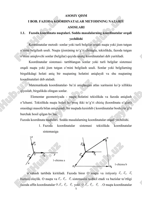 holda m nuqta oxz tekislikda yotadi, agar x=0 bo’lsa, unda oyz tekislikda. bu yerdan, ixtiyoriy absissa o’qi nuqtasi uchun y=z=0, ixtiyoriy ordinate o’qi nuqtasi uchun x=z=0, ixtiyoriy applikata o’qi nuqtasi uchun x=y=0 bo’ladi. koordinatalar boshi (0,0,0) koordinataga ega bo’ladi koordinatalar sistemasi da m(x, y, z) nuqtani qurush uchun (1) formuladan foydalaniladi. koordinatalar boshi o dan vektorni o’tkazamiz, keyin m1 nuqtadan vektorni o’tkazamiz, va nihoyat, m2 nuqtadan vektorni otkazamiz. ( 1-chizma b) ko’pburchak qoidasiga ko’ra . shu tarzda, m nuqta-izlangan nuqta. siniq chiziqni m nuqta siniq koordinatasi deyiladi. shunday qilib, m nuqtani hosil qilish uchun uning o’zi kifoya. umuman m(x,y,z) nuqtani yasash uchun, ya’ni (2) vektorning oxirini topish uchun quyidagi qoidadan foydalaniladi: koordinatalar boshidan ox o’q bo’yicha vektor, uning oxiridan oy o’qqa parallel holda vektor qo’yiladi, so’ngra uning oxiridan vektor yasaladi, shu vektor oxiri izlangan nuqta bo’ladi. 2-chizmada affin koordinatalar sistemasi va unda qurilgan a(2, 5, 4), b(4,-2,0), c(0,4,0), d(0,0,1), e(3,2, …