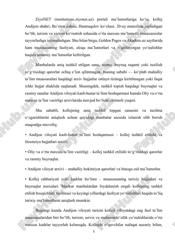 faoliyat yo‘nalishlari haqida to‘liq tarixiy ma’lumotlarni aniqlash mumkin. bugungi kunda andijon viloyati turizm kolleji viloyatdagi eng faol ta’lim muassasalaridan biri bo‘lib, turizm, servis va mehmondo‘stlik yo‘nalishlarida o‘rta maxsus kadrlar tayyorlab kelmoqda. kollejda o‘quvchilar nafaqat nazariy bilim, balki amaliy tajriba ham oladilar. shu jihatdan u viloyat turizm tizimi uchun muhim kadrlar tayyorlovchi maskan sifatida o‘z o‘rniga ega. amaliyot muassasasining ko’rinishi: ( texnikumning old tomondan rasmi) ( texnikumning tashqi kirish darvozasidan rasmi) 2.turizm kolleji boshqaruvining tashkiliy tuzilishi turizm kolleji – bu turizm sohasi uchun yuqori malakali, zamonaviy bilim va ko‘nikmalarga ega mutaxassislar tayyorlaydigan o‘quv maskanidir. kollej faoliyatini samarali tashkil etish va ta’lim jarayonini sifatli yo‘lga qo‘yishda boshqaruv tuzilmasining o‘rni beqiyosdir. chunki boshqaruv tizimi kollejda o‘qituvchilar, talabalar, ma’muriyat hamda boshqa bo‘limlar o‘rtasidagi hamkorlikni ta’minlaydi, ta’lim sifatini nazorat qiladi va rivojlanish strategiyasini belgilaydi. turizm kolleji boshqaruvining tuzilishi odatda direktor, uning o‘rinbosarlari, bo‘lim boshliqlari, kafedralar, metodik kengashlar va boshqa yordamchi bo‘g‘inlardan iborat bo‘ladi. har bir …