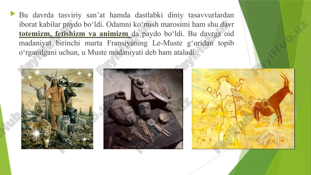 qoldig‘idir. muste davrida otlar tog‘da ancha yuqoriga ko‘tarila olgan bo‘lishi mumkin.shuningdek, yodgorlikdan quyon va cyg‘yp suyaklari ham topilgan. umuman, o‘zbekistonning muste davri yodgorliklari turli tabiiy zonalarga mos keladigan ov qilish sezilarli darajada ixtisoslashganligini ko‘rsatadi. shubha yo‘qki, muste davri odamlari ovchilik bilan bir qatordaeyishga yaroqli yovvoyi o‘simliklarni, boshoqlarni, mevalarni, yong‘oqlarni, ildizlarni terib yeyish bilan ham shug‘ullanishgan. buni ko‘lbuloqdan topilgan yorg‘uchoqlar isbotlaydi. muste odamlari ovqatni isitishda va tayyorlashda olovdan keng foydalanib, a.p.okladnikovning ta’kidlashicha, maxsus tanlab olingan shag‘al toshlar (xo‘jakent idan topilgan) xo‘jalikda qandaydir vazifani bajargan. aftidan, ular ovqatni qaynatish va isitish uchun ishlatilgan. muste davrida neandertallarning teridan kiyim kiyib yurganligi shubhasizdir. junli hayvon suyaklari saqlanib qolganligiga qarab, ular faqat mo‘ynasi uchun ovlangan, deyish mumkin. ijtimoiy munosabatlarning yuzaga kelishi va shakllanishi. a.p.okladnikov teshiktoshdan va umuman muste davri g‘orlaridan topilgan hayvon suyaklarining ko‘pligi neandertallarning kichik jamoasini birlashtirgan ibtidoiy kollektivizm hissining kuchidan dalolat berishi mumkin, degan fikrni ilgari surgan. boshqa muste davri yodgorliklarida ham neandertal …
