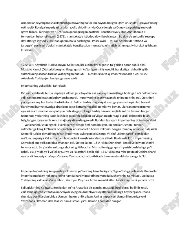 ingach (1878), mamlakatda istibdod davri boshlangan. bu davrda sultonlik yevropa davlatlariga iqtisodiy jihatdan qaram boʻla boshlagan. 19 asr oxiri — 20 asr boshlarida "ittihod va taraqqiy" partiyasi aʼzolari mamlakatda konstitutsion monarxiya oʻrnatish uchun qatʼiy harakat qilishgan (turkiya). 1922-yil 1-noyabrda turkiya buyuk millat majlisi sultonlikni tugatish toʻgʻrisida qaror qabul qildi. mustafo kamol (otaturk) bosqinchilarga qarshi koʻtarilgan milliy ozodlik harakatiga rahbarlik qilib, sultonlikning asosan turklar yashaydigan hududi — kichik osiyo va qisman yevropada 1923-yil 29-oktyabrda turkiya jumhuriyatiga asos soldi. imperiyaning yuksalishi tahrirlash xvi asr boshlarida butun imperiya viloyatga, viloyatlar esa sanjoq (tuman)larga boʻlingan edi. viloyatlarni vali, sanjoqlarni esa sanjoqbey boshqarardi. imperiyaning asosiy tayanchi uning qoʻshini edi. qoʻshinni yer egalarining lashkarlari tashkil etardi. sulton harbiy majburiyat evaziga yer-suv taqsimlab berardi. harbiy majburiyat evaziga ajratilgan katta-katta yer egalari zoimlar va beylar, ulardan maydaroq yer egalari esa tumorilar va sipohiylar deb atalgan. ularga harbiy harakat vaqtida sulton farmon bergan hamonoq, yerlarining katta-kichikligiga qarab belgilab qoʻyilgan …