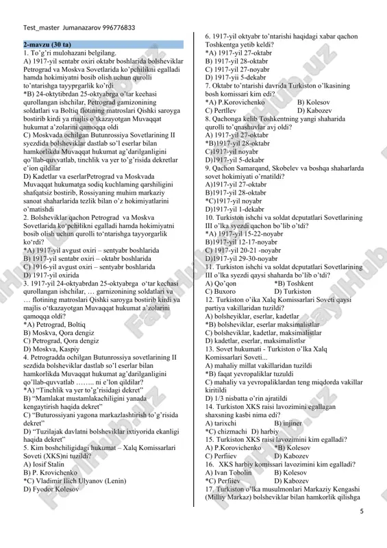 lomiya” (“islom kengashi”) tuzildi *b) butunturkiston musulmonlarining i qurultoyi bo’lib o’tdi c) turkiston komiteti tuzildi d) “ittifoqi muslimin” siyosiy partiyasi tuzildi 30. quyidagi mulohazalardan qaysi biri to’g’ri? a) butunturkiston musulmonlarining ii qurultoyi turkiston musulmonlarinjng miiliy markazi - turkiston o’lka musulmonlar kengashi (kraymussovet) tashkil qilindi. *b) taraqqiyparvar ziyolilar (jadidlar) bilan eskilik tarafdorlari bo’lgan ayrim ulamolar (qadimchilar) o’rtasidagi kelishmovchiliklar “sho’roi islomiya” tashkiloti saflda bominish yuz berishiga olib keidi. c) buxoroda “sho’roi islom” nomli gazeta chiqarilgan. d) “sho’roi islomiya” jamiyati dasturi va nizomiga ko’ra, ichki siyosiy tuzilmada shariat qonunlariga qat’iy rioya qilish, milliy-diniy qadriyatlami yuksaltirishga da’vat etilgan va madrasalami iqtisodiy qo’llab-quvvatlash aytilgan. 31. turkiston musulmonlarining miiliy markazi - turkiston o’lka musulmonlar kengashi (kraymussovet) ning lavozim egalarini to’gri joylashtiring. 1. mustafo cho’qay 2. munavvarqori abdurashidxonov 3. ahmad zaki validiy a) kotib b) rais a) l-a,2-a,3-b *b) l-b,2-a,3-a c) l-a,2-b,3-a d) l-b,2-b,3-a 32. qachonga kelib “sho’roi islomiya” ning samarqand, qo’qon, namangan, andijon, marg’ilon, skobelev (farg’ona), …