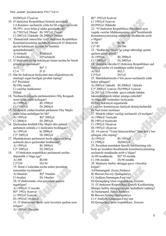 br b) *6 sentyabr c) 7 sentyabr d) 8 sentyabr 25. o’zbekistonning yangi konstitutsiyasini tayyorlash g’oyasi dastlab qachon ilgari surilgan? a) 1990 yil mart* b) 1990 yil 20 iyun c) 1991yil oktyabr d) 1990 yil iyun 26. o’zbekiston respublikasi konstitutsiyasi loyihasi yaratish ustida qancha muddat ish olib borildi? a) 2yil b) 3yil c)*2,5yil d) 1,5yil 27. 1991 yilning oktyabr-noyabrda tayyorlangan konstitutsiya loyihasida necha modda bo’lgan? a) 168 modda b) 148 modda c) 149 modda d)* 158 modda 28. konstitutsiya loyihasi qaysi faslda 149ta moddadan iborat bo’lgan? a) qish b)*bahor c) yoz d) kuz 29. “o’zbekistonning davlat ramzlari to’g’risida ” maxsus qaror qachon qabul qilingan? a) 1990 yil 20-iyun b) 1992yil 15-iyun c) 1991 yil 15 fevral* d) 1990 yil 15 fevral 30. qaysi davlatda madiyani yozgan shoirga “milliy shoir ” maqomi berilgan? a) italiya b) yaponiya c) turkmaniston d) turkiya tuzuvchi: tog’aeva dilnavoz narzullaevna buxoro viloyati. peshko’ tumani. 2-mavzu: o’zbekkiston …
