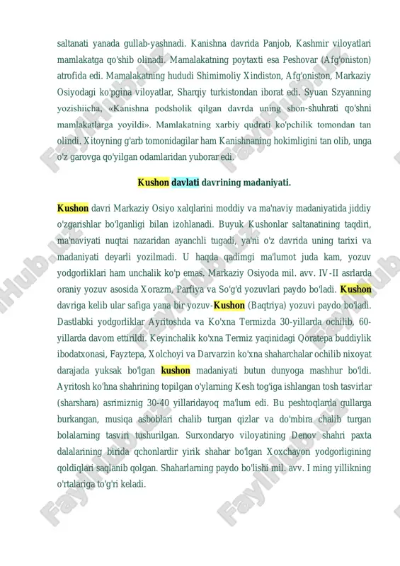 aylandi. aholi asosan budda dinining mahayana mashabiga etiqod qilgan. dalvarzintepadan topilgan budda haykali shundan dalolat beradi. kushon davlatining asoschisi kujula katfis tezda hindistonni bosib oldi va shimoliy baqtryani o'ziga bo'ysundirdi. katfis ii, ayniqsa, kanishka podsholigida kushon davlati kengayib,o'z davrida rim, parfiya xan (xitoy) saltanatlari bilan tenglashadigan qudratli saltanatga aylandi. hozirgi butun hindiston ,pokiston ,afg'oniston ,o'rta osiyoning janubiy yerlari unga qaragan . kushon davlati miloddan avvalgi i-asrning 2-yarmidan milodning iii-asri o'rtalarigacha hokum surdi. surxandaryo hududida kushon davriga oid arxiologik yodgorliklar juda ko'p va xilma hildir axomoniylar va yunon -baqtriya davridan bu yerda hozircha 40 manzil shahar ma'lum bo'lgan bo'lsa, kushon davriga oid 120 dan ortiq shahar va qishloq aniqlandi. aholi asosan sherabod va surxandaryo havzasi yoqalab joylashgan edi .aholining joylashishi, katta kichik shaharlarning vujudga kelishi sug'orish shahobchalari bilan bog'liq ,albatta. sug'orish havzalaridagi markaz shaxarlar atrofida katta kichik shaxarchalar, qarorgohlar joylashib ,ular har jihaddan markaz shaxarga bo'y sunar edi .markaz shaxarlar esa …