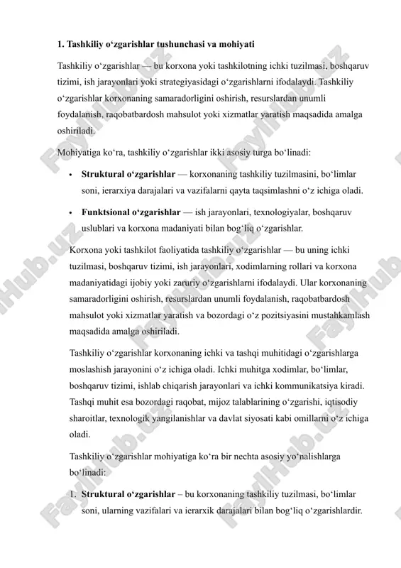 jamoaviy ish samaradorligini kuchaytirishga yo‘naltirilgan o‘zgarishlar. masalan, rahbarlik uslubini yangilash, jamoaviy treninglar o‘tkazish yoki korxona qadriyatlarini mustahkamlash. tashkiliy o‘zgarishlarning mohiyati shundaki, ular nafaqat mavjud jarayonlarni optimallashtirish, balki korxonaning uzoq muddatli rivojlanish strategiyasini qo‘llab-quvvatlashga xizmat qiladi. samarali boshqarilgan o‘zgarishlar korxonaning raqobatbardoshligini oshiradi, xodimlar orasida ijobiy ish muhitini yaratadi, ishlab chiqarish va xizmat ko‘rsatish sifatini yaxshilaydi. shu bilan birga, tashkiliy o‘zgarishlar korxonaning moslashuvchanligini oshirib, tezkor qaror qabul qilish imkonini beradi. shu sababli, tashkiliy o‘zgarishlarni boshqarish korxona rahbarlari va menejerlarining strategik vazifalaridan biri hisoblanadi. har qanday o‘zgarish jarayoni aniq tahlil, puxta rejalashtirish va xodimlar bilan samarali kommunikatsiyani talab qiladi. 2. tashkiliy o‘zgarishlar turlari korxonada tashkiliy o‘zgarishlar quyidagi turlarga bo‘linadi: 1. inkremental o‘zgarishlar – kichik, bosqichma-bosqich amalga oshiriladigan o‘zgarishlar, odatda mavjud jarayonlarni optimallashtirishga yo‘naltiriladi. 2. transformatsion o‘zgarishlar – katta hajmli va tizimli o‘zgarishlar, masalan, korxona strategiyasini butunlay o‘zgartirish yoki yangi bozor segmentiga chiqish. 3. texnologik o‘zgarishlar – ishlab chiqarish yoki boshqaruv jarayonlarida zamonaviy texnologiyalarni …