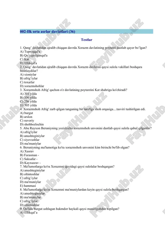 on evaziga sosoniylar shohi peroz qutqarib qolinadi? a) yustinian b) yustin c) evseviy d) zenon 33. perozning eftaliylarga iii mag’lubiyati oqibatlarini aniqlang. a) eron ustiga katta o’lpon solinadi b) a va b c) marv eftaliylar tomonidan ishg’ol etiladi d) kubod eftaliylarga garov sifatida berildi 34. sosoniylarning eftaliylarga beradigan boj-yasoqlari nima miqdorida belgilangan edi? a) ipak b) oltin c) g’alla d) kumush 35. eftaliylar bilan nisbatan tinchlik munosabatlarini olib borgan sosoniy hukmdorlarini aniqlang. a) a va c b) kubod c) yazdigird iii d) xusrav anushervon 36. sosoniylar podshohi kubod hukmronlik qilgan sanalarni aniqlang. a) milodiy 500-531 yillar b) milodiy 459-484 yillar c) milodiy 531-579 yillar d) milodiy 488-531 yillar 003-eftallar davrida ijtimoiy-iqtisodiy va madaniy hayot (19) testlar 1. v-vi asrlarda sharqiy turkiston va o'rta osiyoda go'za ekilganligini qaysi manbalardan bilib olishimiz mumkin? a) vizantiya manbalaridan b) arman manbalaridan c) xitoy manbalaridan d) sosoniy manbalaridan 2. quyidagi shaxslardan eftaliy hukmdorini aniqlang. a) …