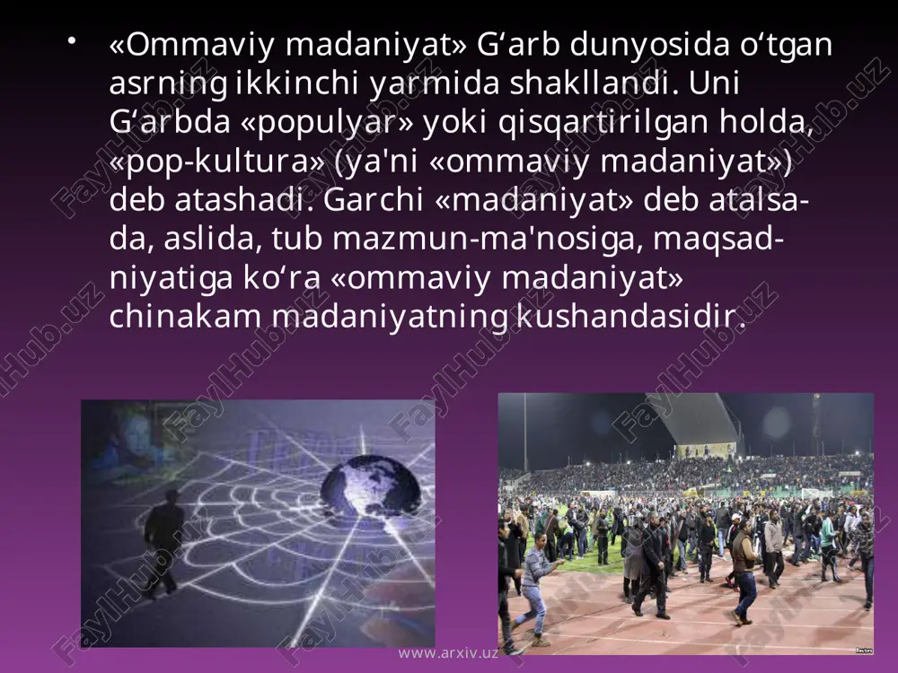 chiqarish yoxud o‘t qo‘yish orqali vahshiyona, ommaviy «ko‘ngil ochish»lar uyushtirish) «ommaviy madaniyat»ning ayrim ko‘rinishlaridir. www.arxiv.uz www.arxiv.uz ommaviy madaniyat» maktabining «natijalari» esa yaqqol ko‘rinib turibdi. masalan, aqshning ayrim maktablarida sodir etilayotgan portlashlar, bolalarning savdoyi, vas-vos kimsalar qo‘lida qurbon bo‘layotgani, yoshlar fe'lida kuchayib bora yotgan agressivlik jahon ommaviy-axborot vositalari orqali hammaga ma'lum. «ekkaningni o‘rasan» deb shunga aytsalar kerak-da. afsuski, yer yuzidagi axborot almashinuvi mislsiz tezlashgan hozirgi globalizm sharoitida, g‘arb dagi «markazlar» bundan foydalanib, boshqa davlatlar va xalq lar o‘rtasida g‘arb hayoti «jozibalari»ni, jumladan, «ommaviy madaniyat» ta'sirini «erkinlik shabadalari» tarzida imkon qadar keng yoyishga yeng shimarib harakat qilmoqdalar. www.arxiv.uz www.arxiv.uz aqshning taniqli siyosatshunosi zbignev bjezinskiy shunday yozadi: «...madaniyat sohasida amerika jahon yoshlari orasida alohida jozibadorligi bilan ajralib turadi. bu esa aqshga jahonning hech bir davlatiga nasib qilmagan siyosiy ta'sirni ta'minlaydi. ayniqsa, amerikaning televizion dasturlari va filmlari jahon bozorining to‘rtdan uch qismini egallaydi. uning ommabop musiqasi, amerikaliklarning qiziqishlari, ovqatlanishlaridagi odatlari va hatto, kiyinishlariga butun …