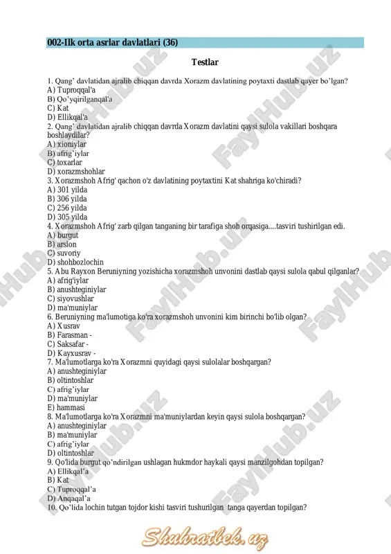 ziga sosoniylar shohi peroz qutqarib qolinadi? a) yustinian b) yustin c) evseviy d) zenon 33. perozning eftaliylarga iii mag‟lubiyati oqibatlarini aniqlang. a) eron ustiga katta o‟lpon solinadi b) a va b c) marv eftaliylar tomonidan ishg‟ol etiladi d) kubod eftaliylarga garov sifatida berildi 34. sosoniylarning eftaliylarga beradigan boj-yasoqlari nima miqdorida belgilangan edi? a) ipak b) oltin c) g‟alla d) kumush 35. eftaliylar bilan nisbatan tinchlik munosabatlarini olib borgan sosoniy hukmdorlarini aniqlang. a) a va c b) kubod c) yazdigird iii d) xusrav anushervon 36. sosoniylar podshohi kubod hukmronlik qilgan sanalarni aniqlang. a) milodiy 500-531 yillar b) milodiy 459-484 yillar c) milodiy 531-579 yillar d) milodiy 488-531 yillar 003-eftallar davrida ijtimoiy-iqtisodiy va madaniy hayot (19) testlar 1. v-vi asrlarda sharqiy turkiston va o'rta osiyoda go'za ekilganligini qaysi manbalardan bilib olishimiz mumkin? a) vizantiya manbalaridan b) arman manbalaridan c) xitoy manbalaridan d) sosoniy manbalaridan 2. quyidagi shaxslardan eftaliy hukmdorini aniqlang. a) kanik …