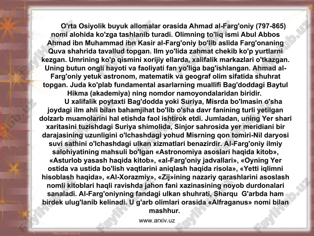 iyatini yo'qotmay, bugungi avlod kishilari uchun o'rganish manbai bo'lib, kelayotganlari ham talaygina. bular jumlasiga «qadimgi xalqlardan qolgan yodgorliklar», «xorazmning mashhur kishilari», «hindiston», «ma'sud qonuni», «mineralogiya», «saydona», «astrologiyaga kirish», «astronomiya kaliti», «jonni davolovchi quyosh kitobi», «foydali savollar va to'g'ri javoblar», «ibn sino bilan yozishmalar» singari tarixiy kitoblarni kiritish mumkin. beruniy asarlari asrlardan buyon sharqu g'arbda keng tarqalgan bo'lib ular yuksak qadr topgan. «hindiston» asari to'g'risida so'z yuritgan olim v.r.rozin «sharq va g'arbning qadimgi va o'rta asrdagi butun ilmiy adabiyoti orasida bunga teng keladigan asar yo'q» deb baho beradi. beruniyning «mineralogiya» asari ham o'z zamonasi uchun o'rta osiyo yaqin sharq, hatto yevropada ham mineralogiya sohasidagi tengi yo'q asar sifatida e'tirof topgan. alloma merosi uning bugungi mustaqil yurtida minnatdor avlodlari nigohida, doimiy e'tiborida, e'zozidadir. www.arxiv.uz www.arxiv.uz abu rayxon beruniyning zamondoshi va safdoshi abu ali ibn sino (980-1037) ham o'z davrining yetuk allomasi fan fidoyisi sifatida mashhurdir. buxoroi sharifning afshona qishlog'ida tug'ilib voyaga yetgan …